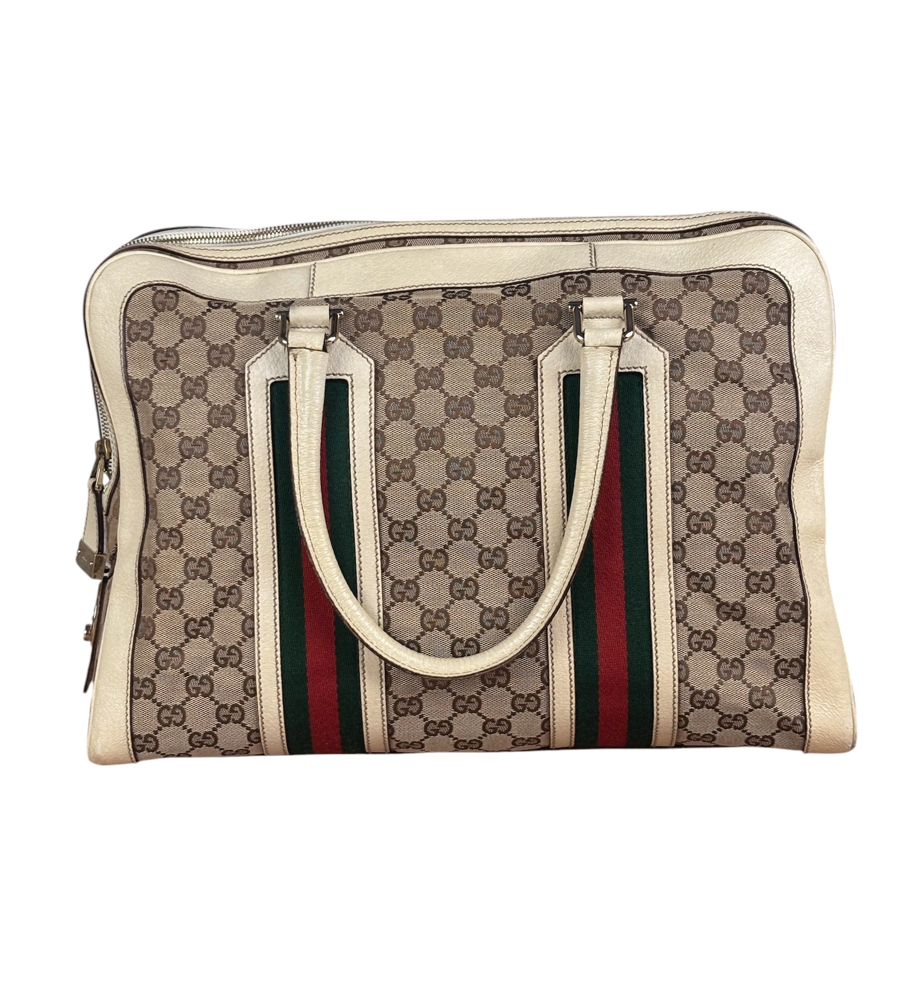 Gucci Leather Trim Monogram Canvas Web Stripe Tote Bag