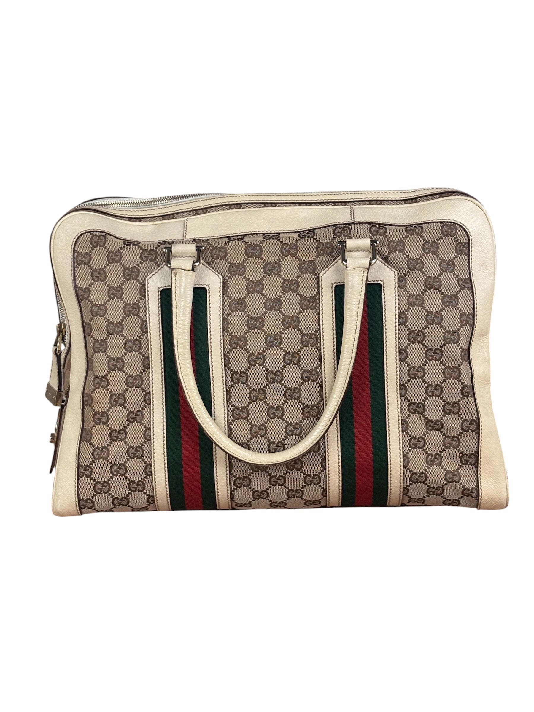 Gucci Leather Trim Monogram Canvas Web Stripe Tote Bag