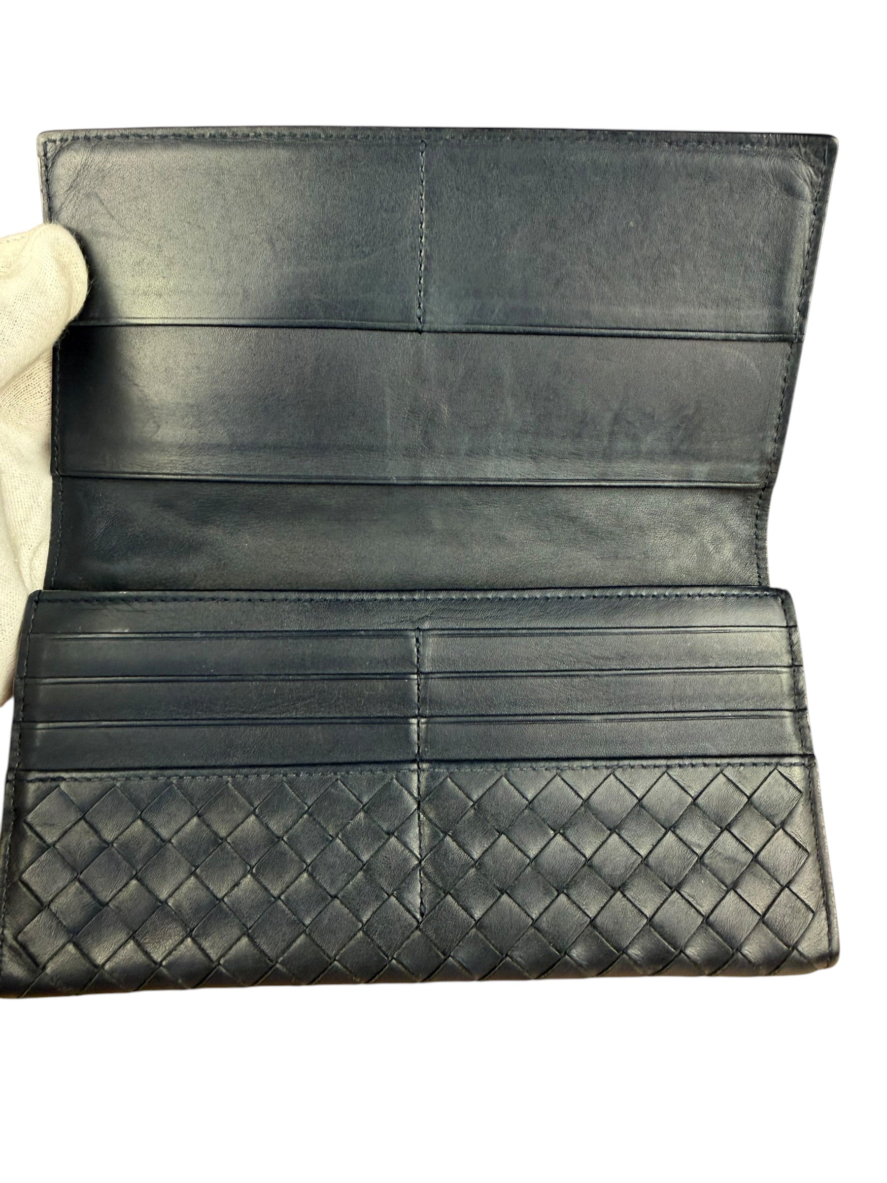 Bottega Veneta Navy Blue Intrecciato Long Wallet