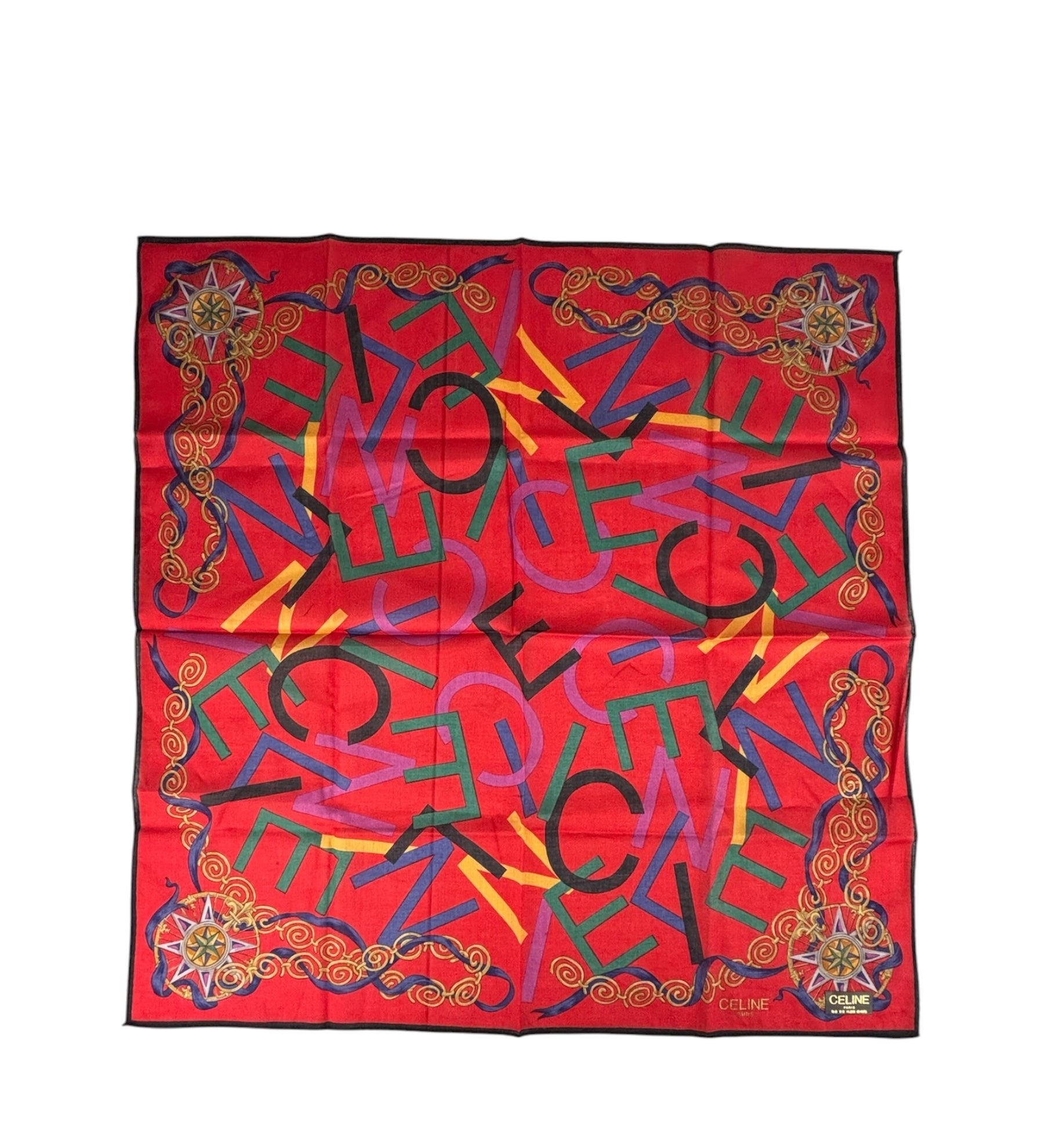 Celine Vintage Red Alphabet Print Handkerchief/Scarf