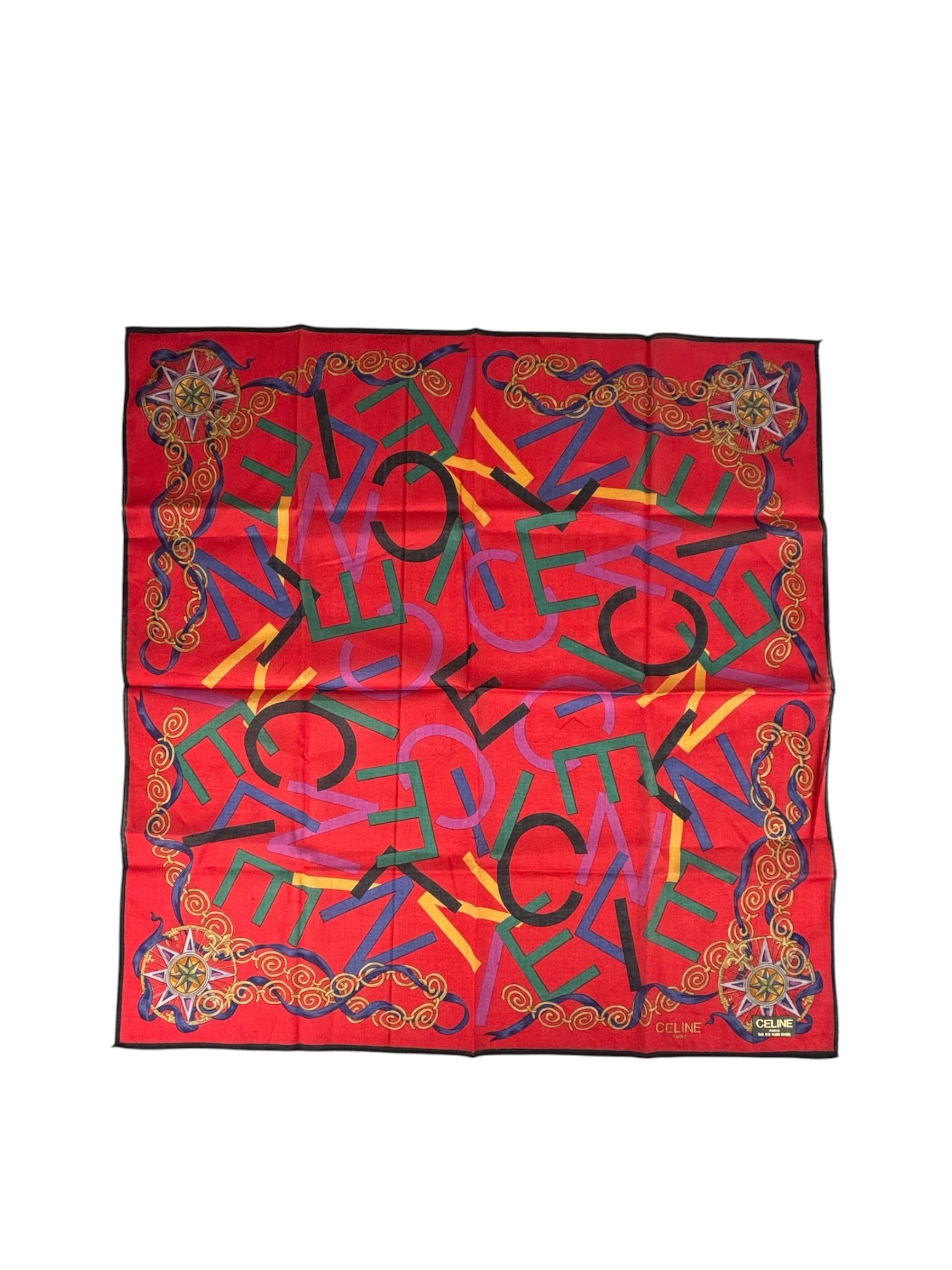 Celine Vintage Red Alphabet Print Handkerchief/Scarf