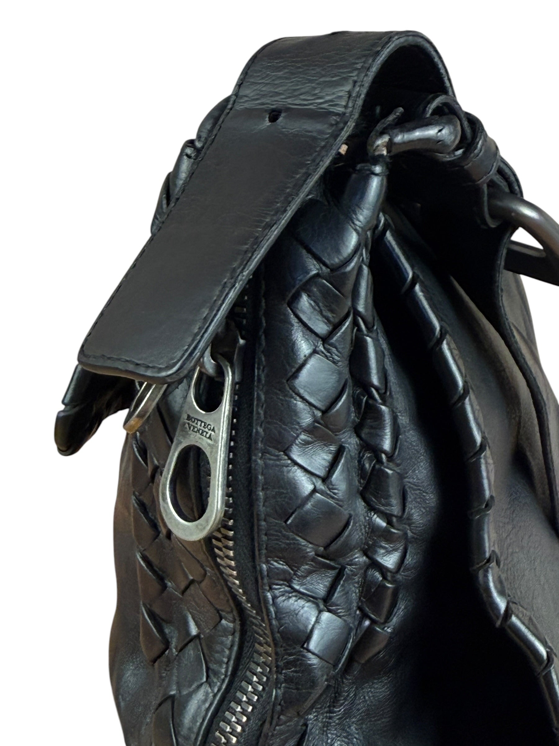 Bottega Veneta Black Intrecciato Leather Flap Messenger Bag