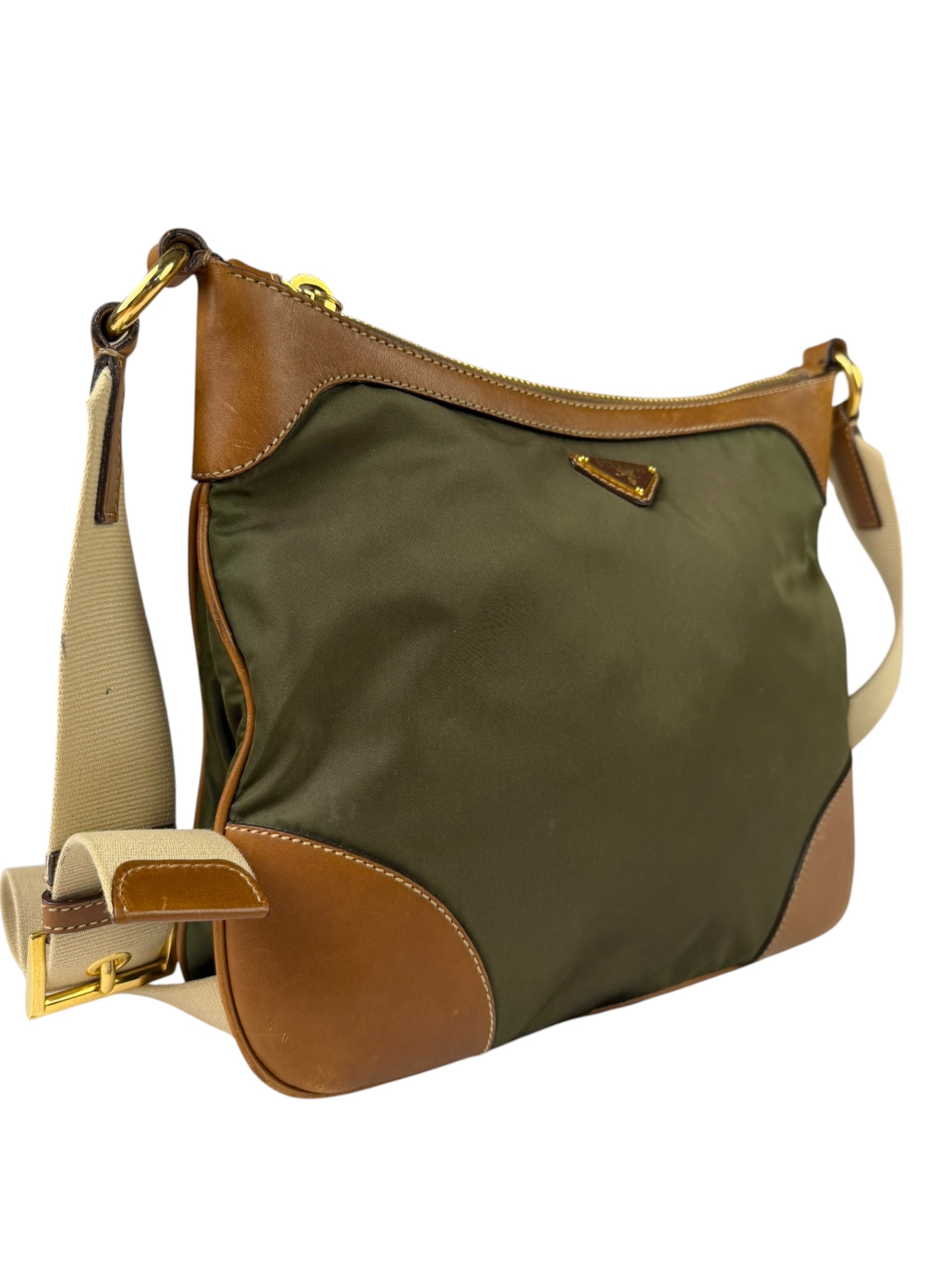 Prada Green/Brown Nylon/Leather Trim Crossbody Bag