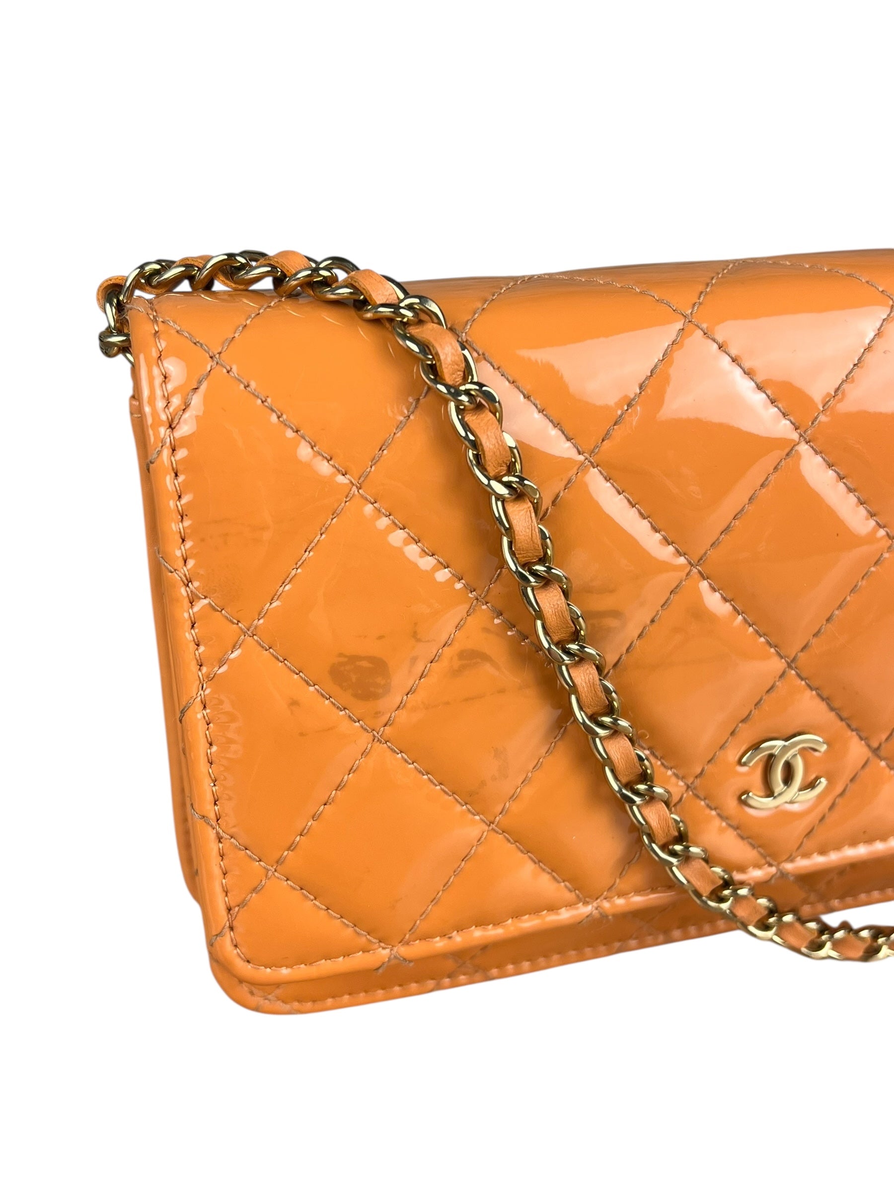 Chanel Orange Patent Leather Flap Wallet on Chain Bag