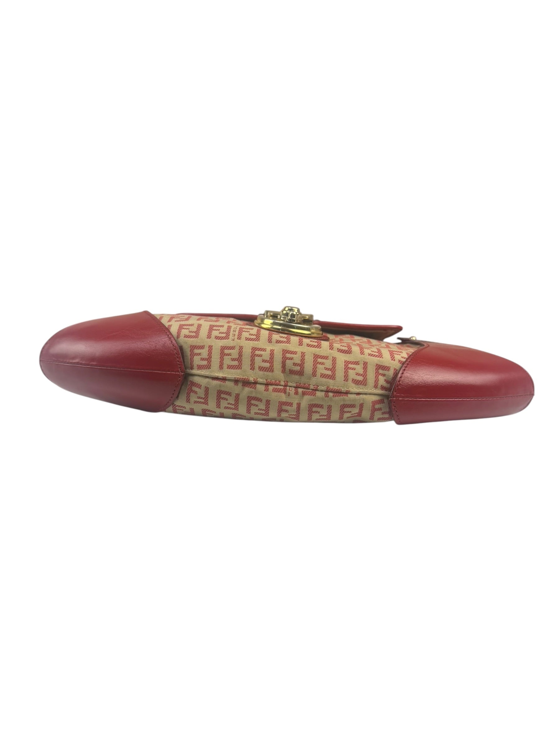 Fendi Red Leather Trim Zucca Compliation Shoulder Bag