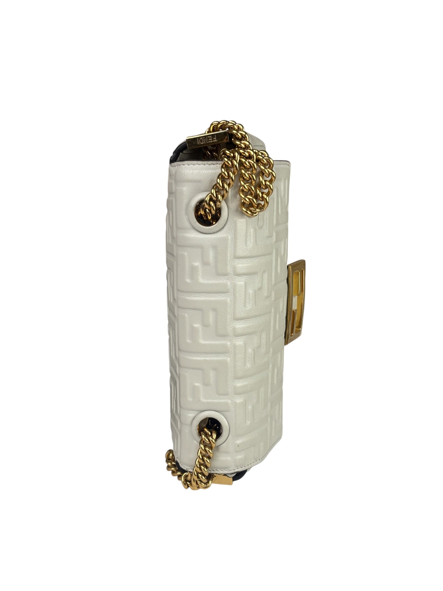 Fendi White Leather FF Flap Baguette