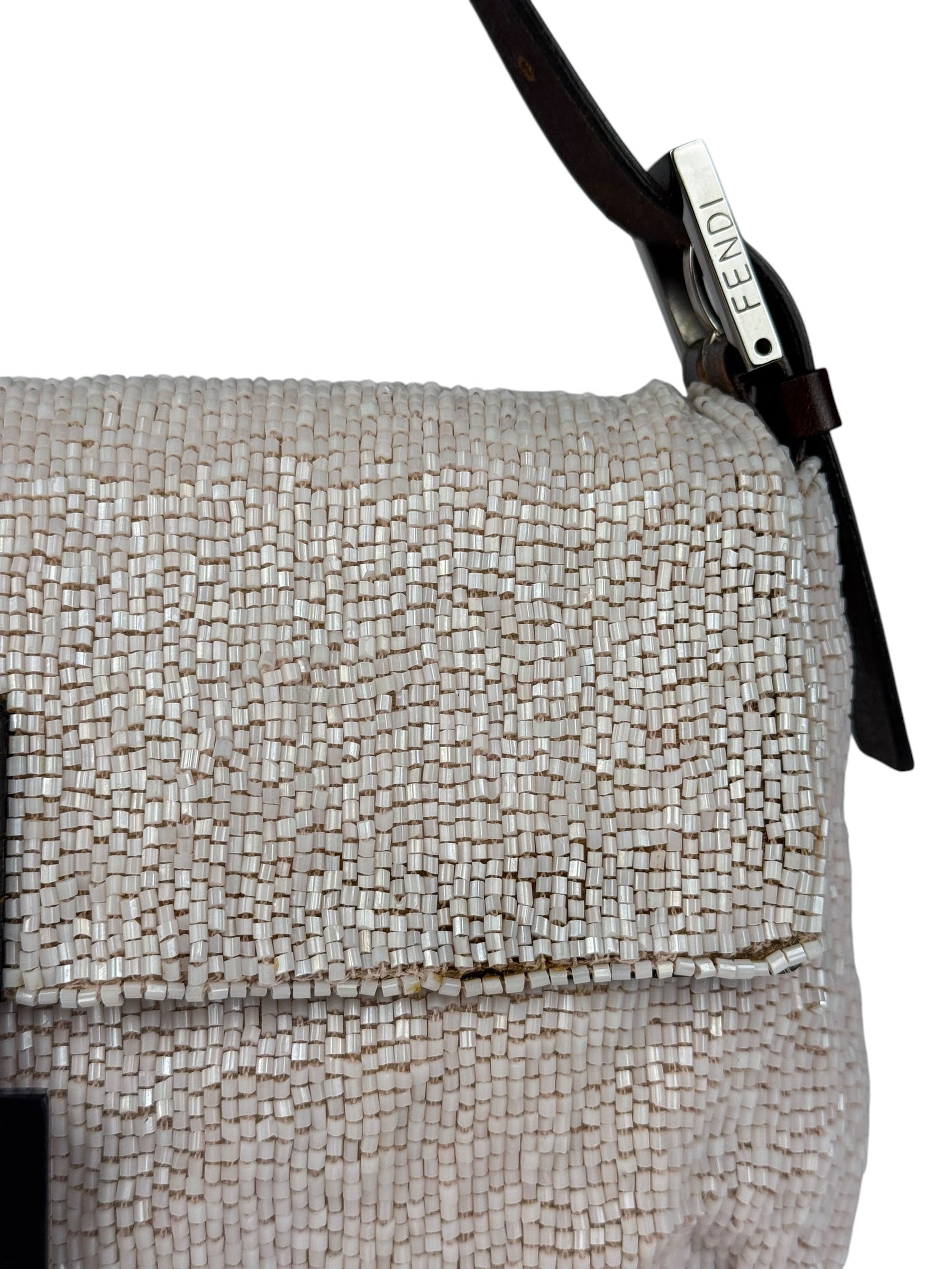 Fendi Leather-Trimmed Beaded Baguette Light Pink