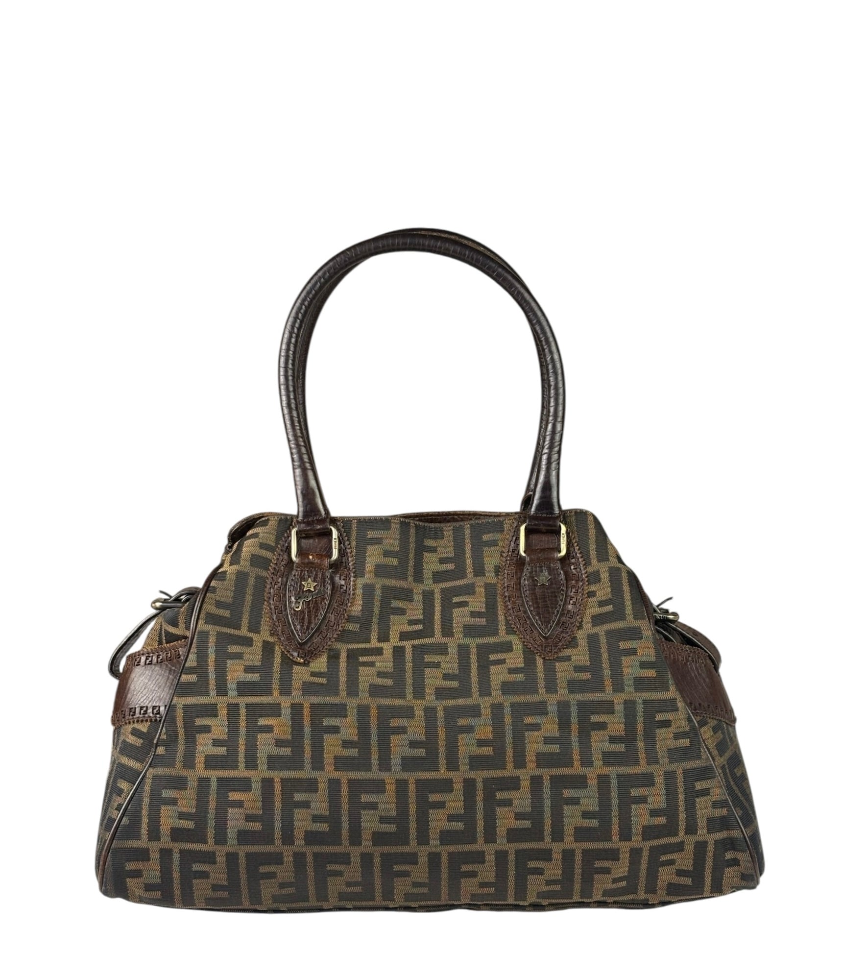 Fendi Vintage Brown Leather Trim Zucca De Jour Media Tote