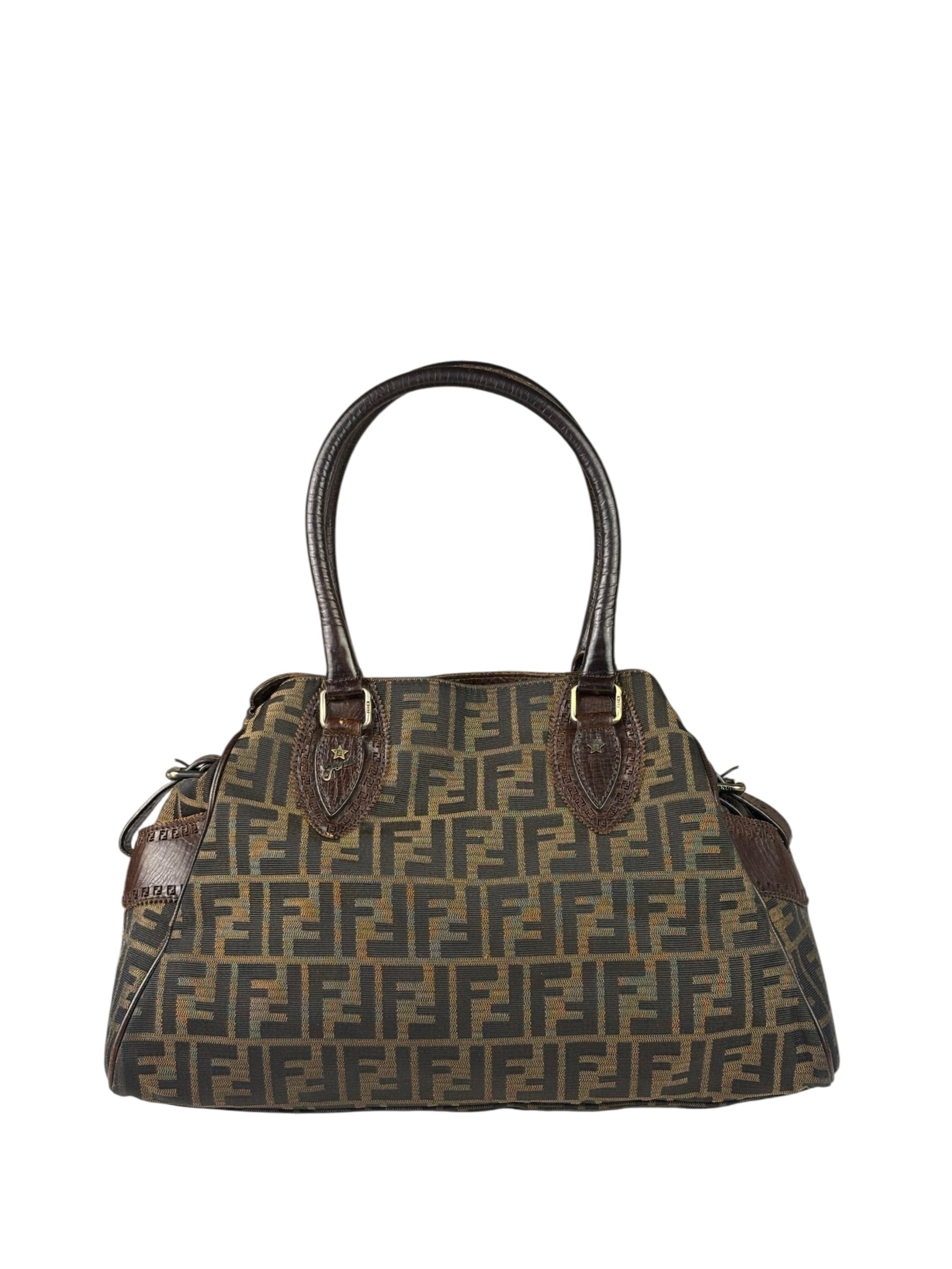 Fendi Vintage Brown Leather Trim Zucca De Jour Media Tote