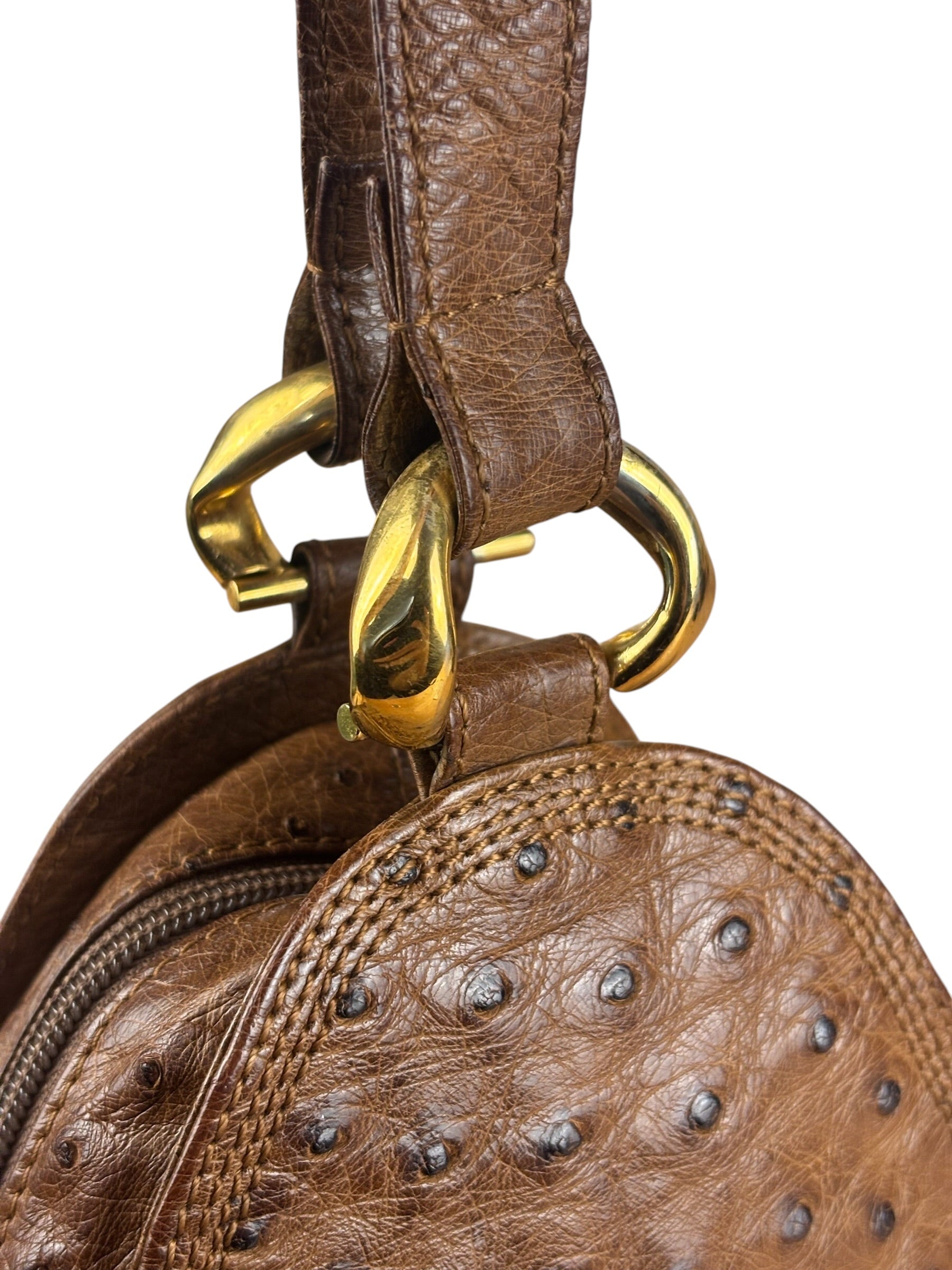 Loewe Vintage Brown Ostrich Print Leather Triangular Shoulder Bag
