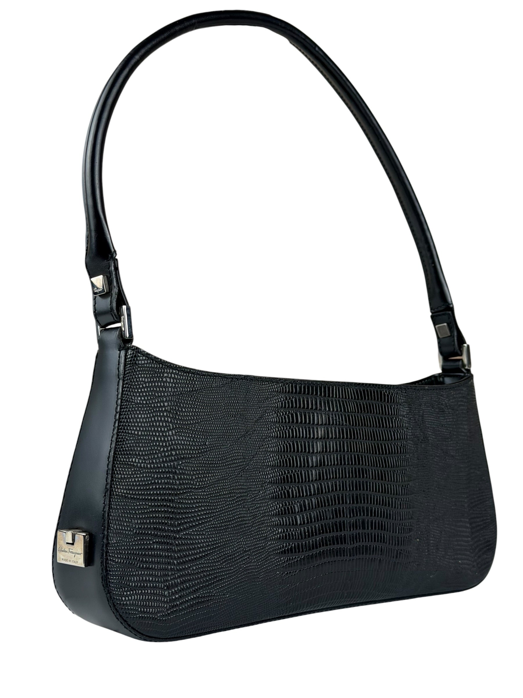 Salvatore Ferragamo Vintage Black Lizard Embossed Leather Pochette