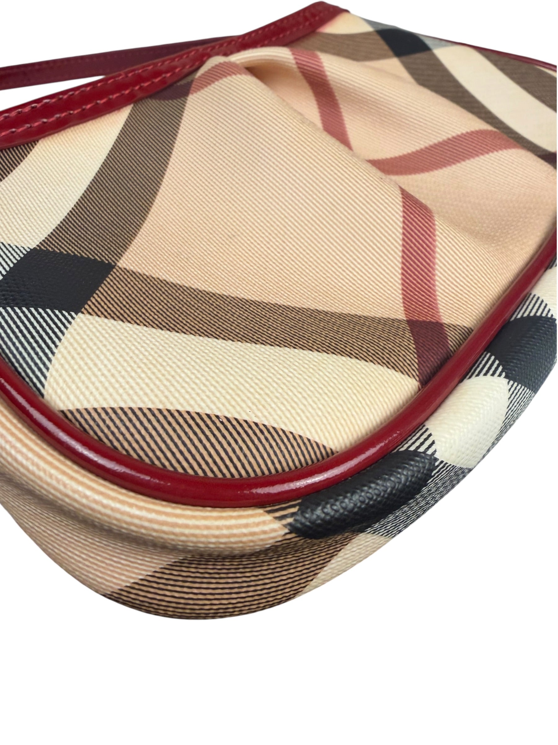 Burberry Red Patent Leather Trim Super Nova Check Pochette