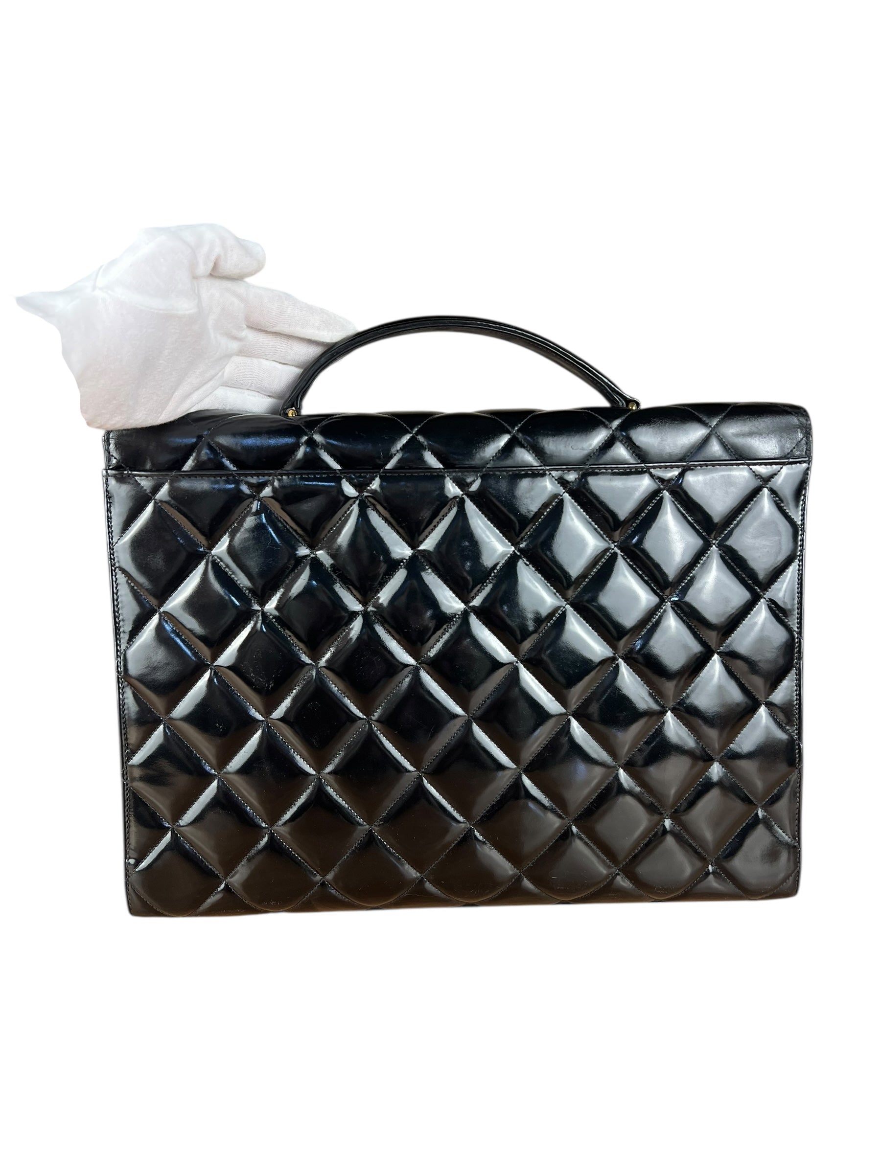 Chanel CC Black Patent Quilted Flap Briefcase Handbag '95