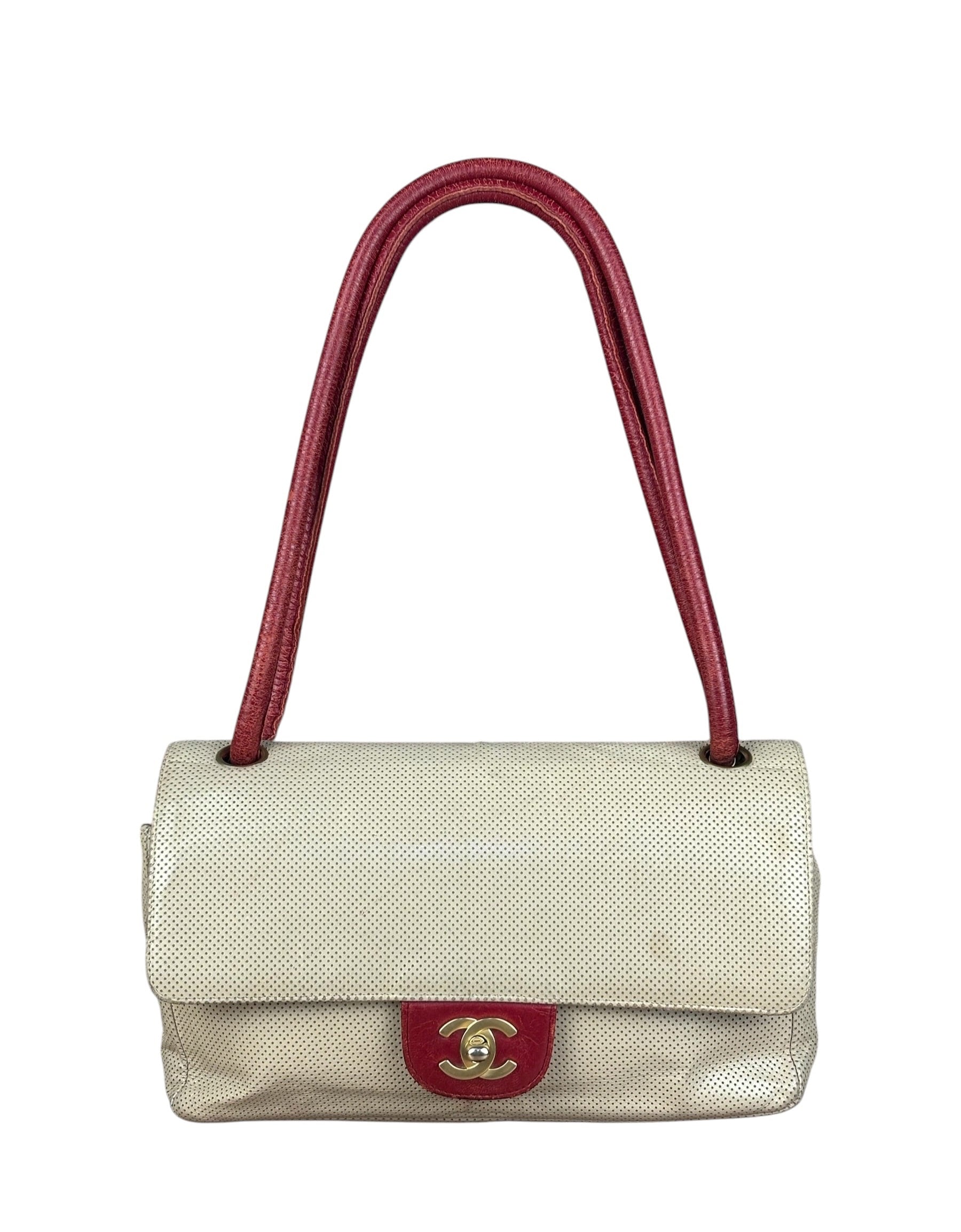 Chanel Beige Perforated Leather CC Flap Bag 2001