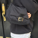 Fendi Black Leather Trim Mamma Baguette
