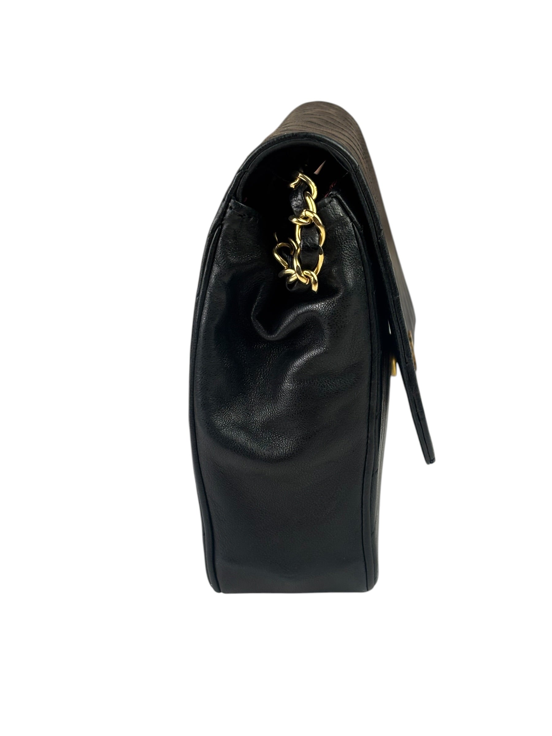 Chanel Vintage Black Leather Timeless Diagonal Stitch Flap Bag 1986