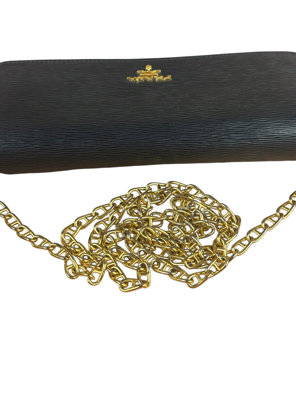 Prada Black Leather Flap Wallet On Chain