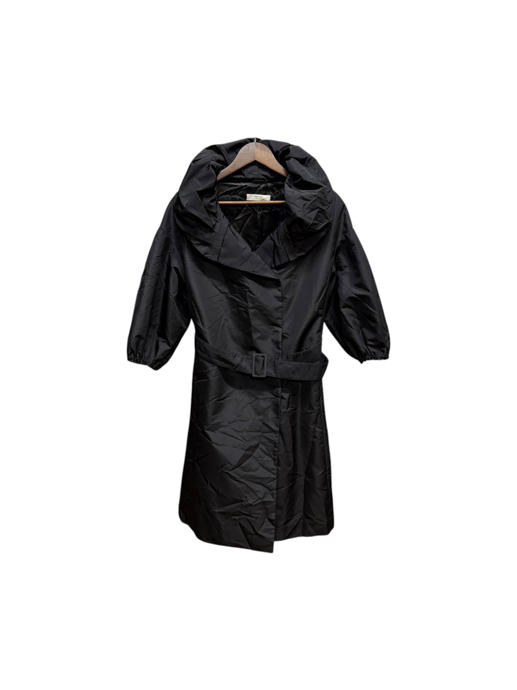 Prada Black Nylon Belted Hooded Trench Short Sleeves Coat