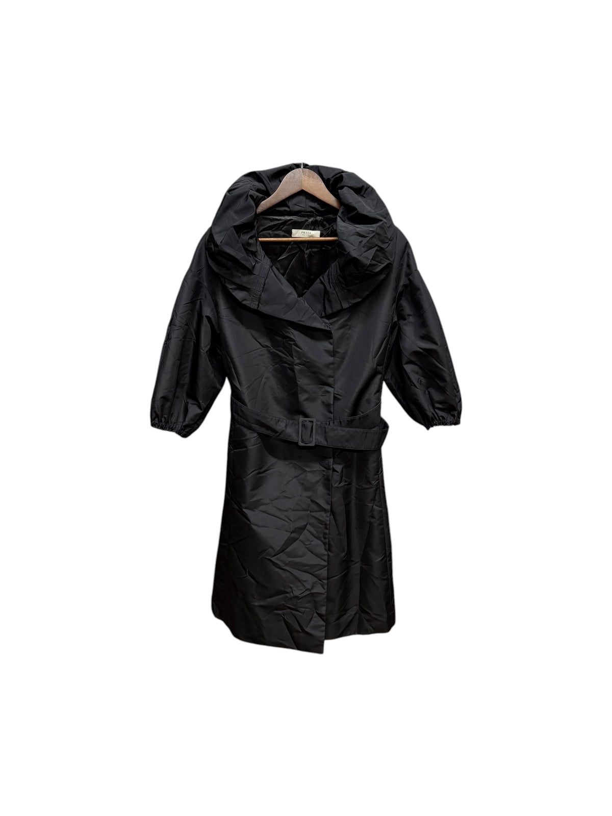 Prada Black Nylon Belted Hooded Trench Short Sleeves Coat