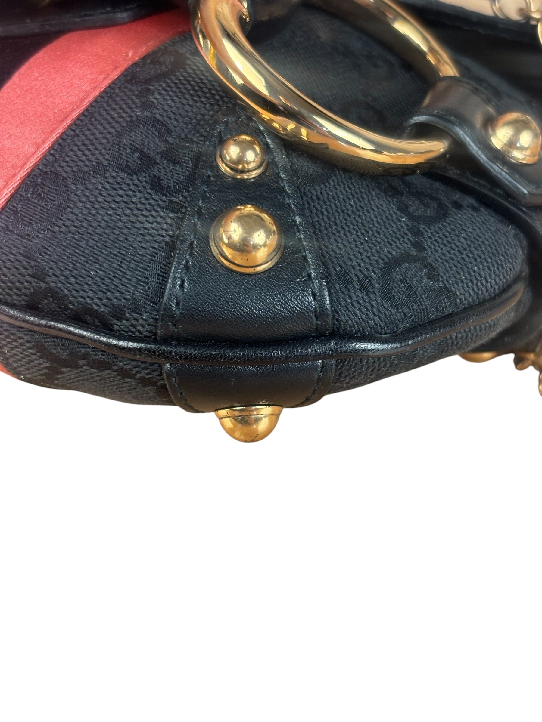 Gucci GG Black/Pink Canvas Horsebit Chain Shoulder Bag