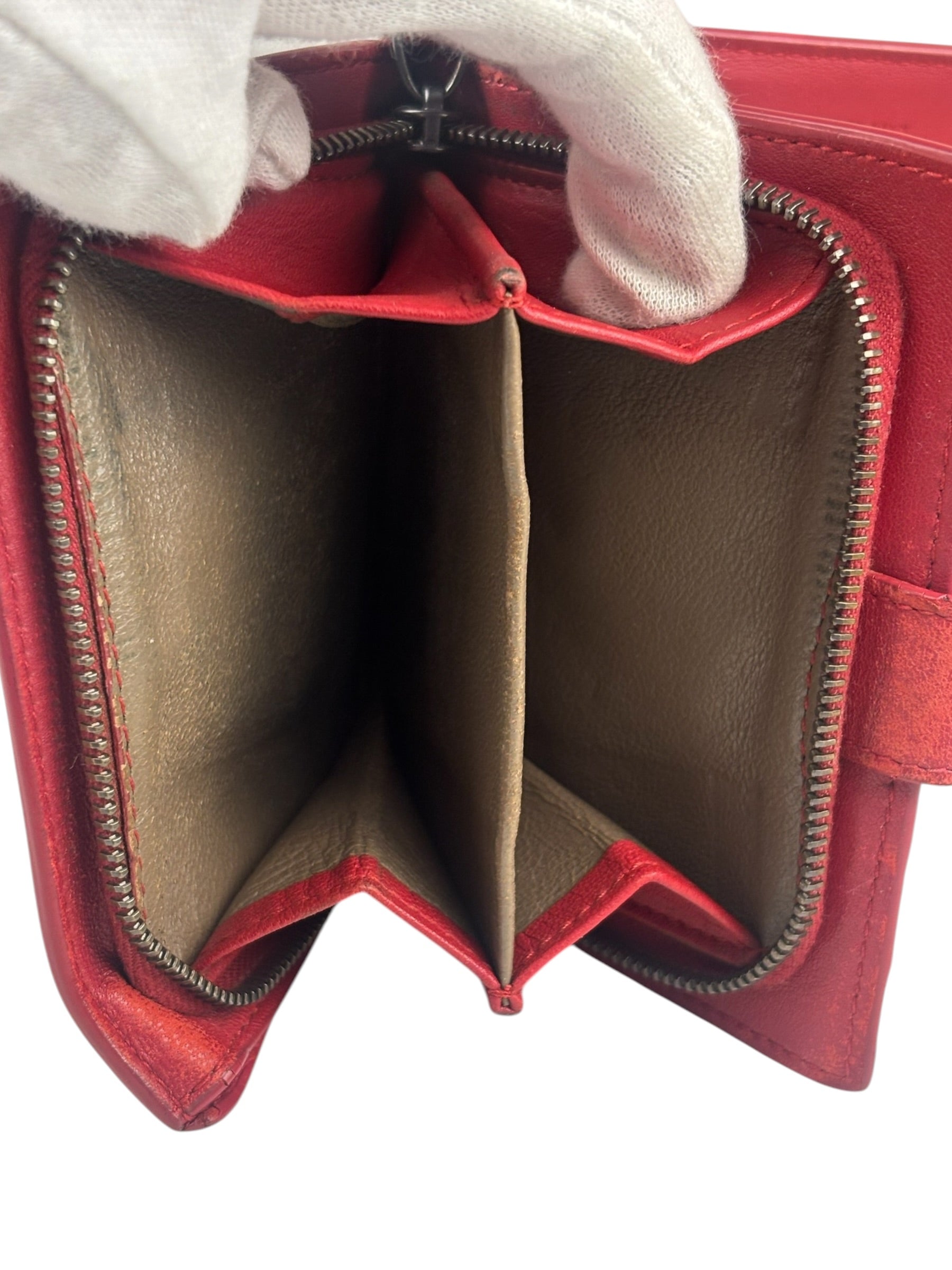 Bottega Veneta Red Leather Nappa Intercciato French Compact Wallet