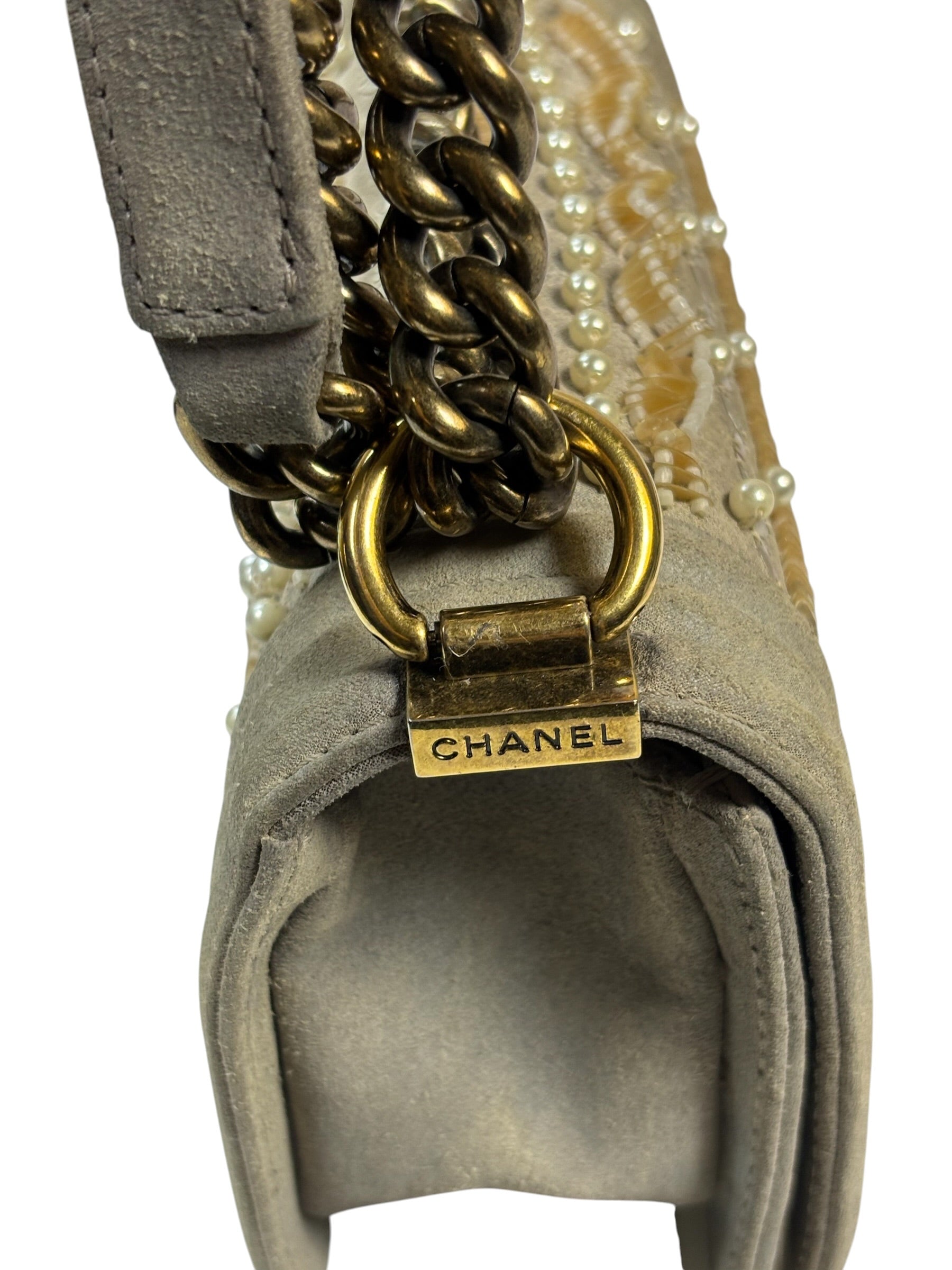 Chanel Grey Suede Beaded Pearl/Bead Boy Flap 2014