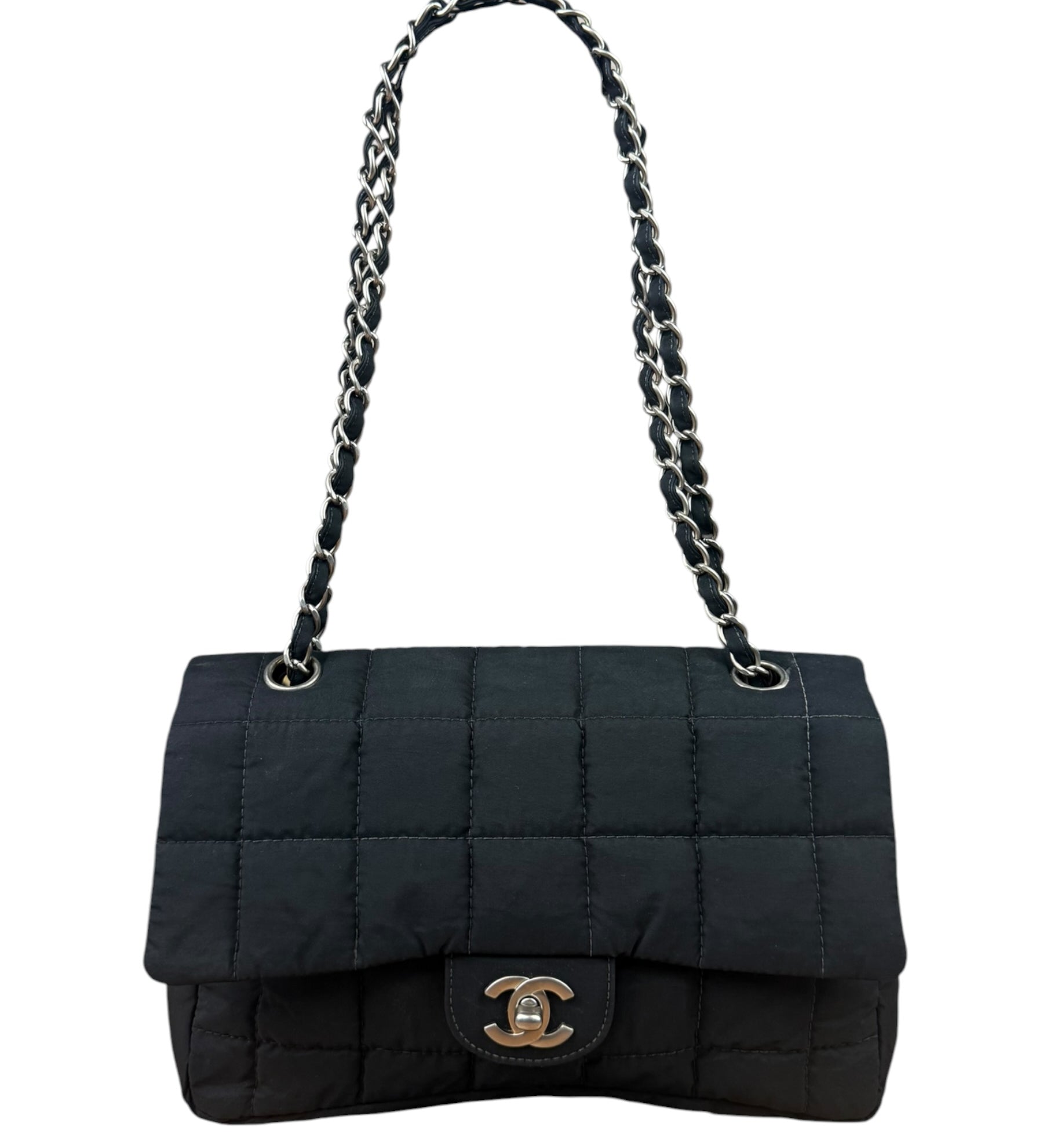 Chanel Black Nylon Chocolate Bar Chain Flap Bag 2002