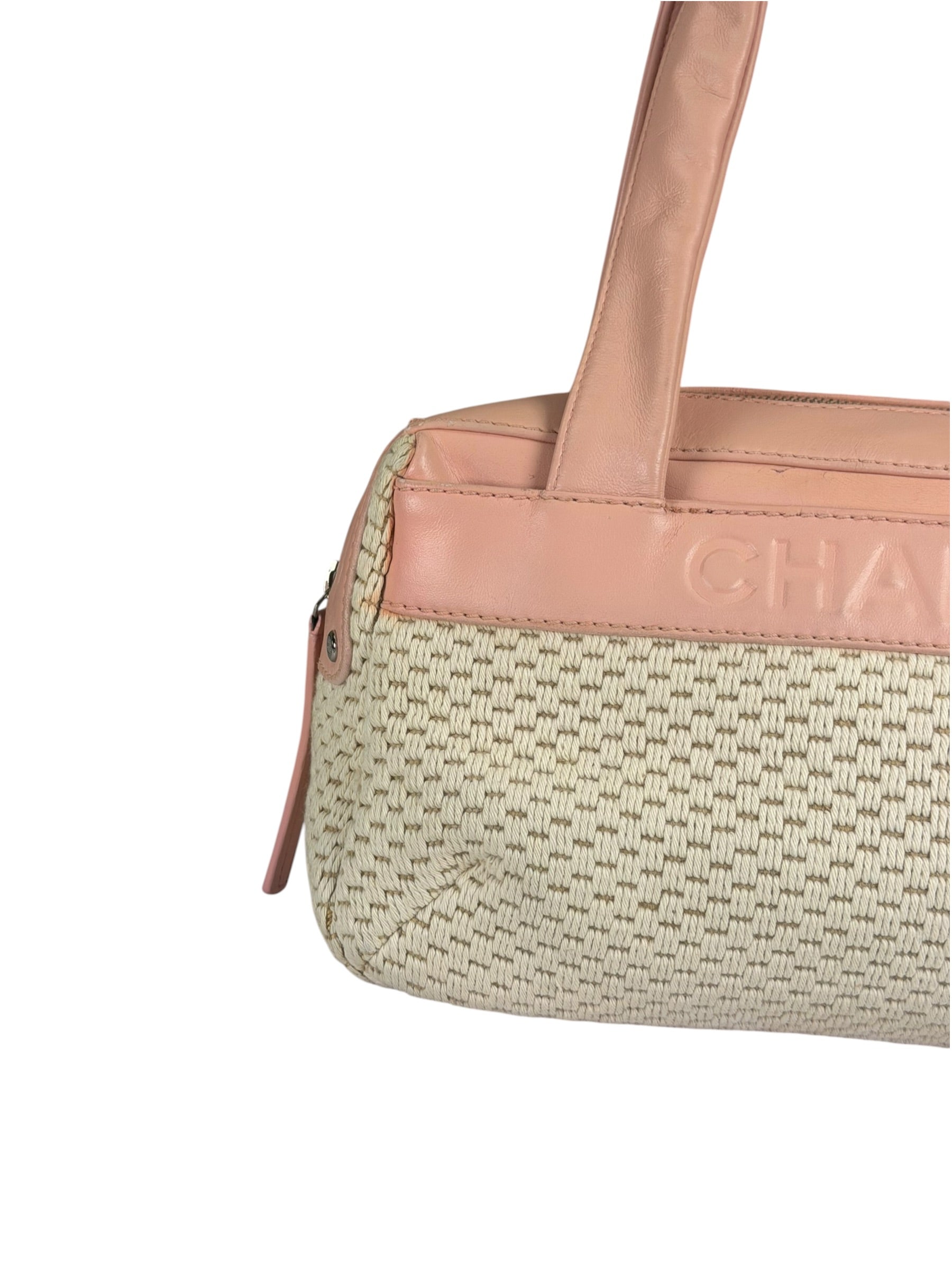 Chanel Cream/Pink Leather Lax Crochet Bowler Shoulder Bag 2004
