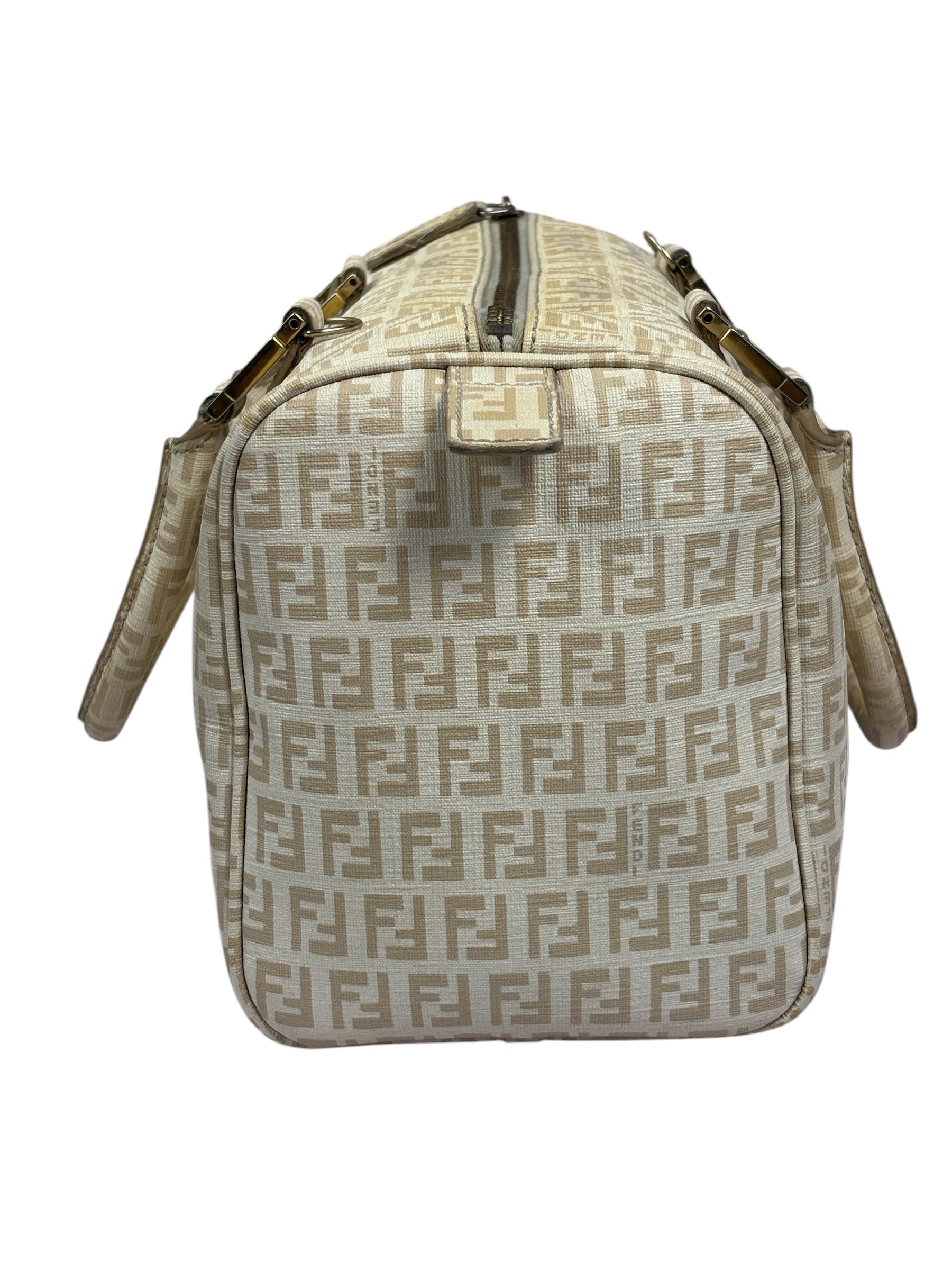 Fendi Beige Leather Trim Zucca Boston Bag