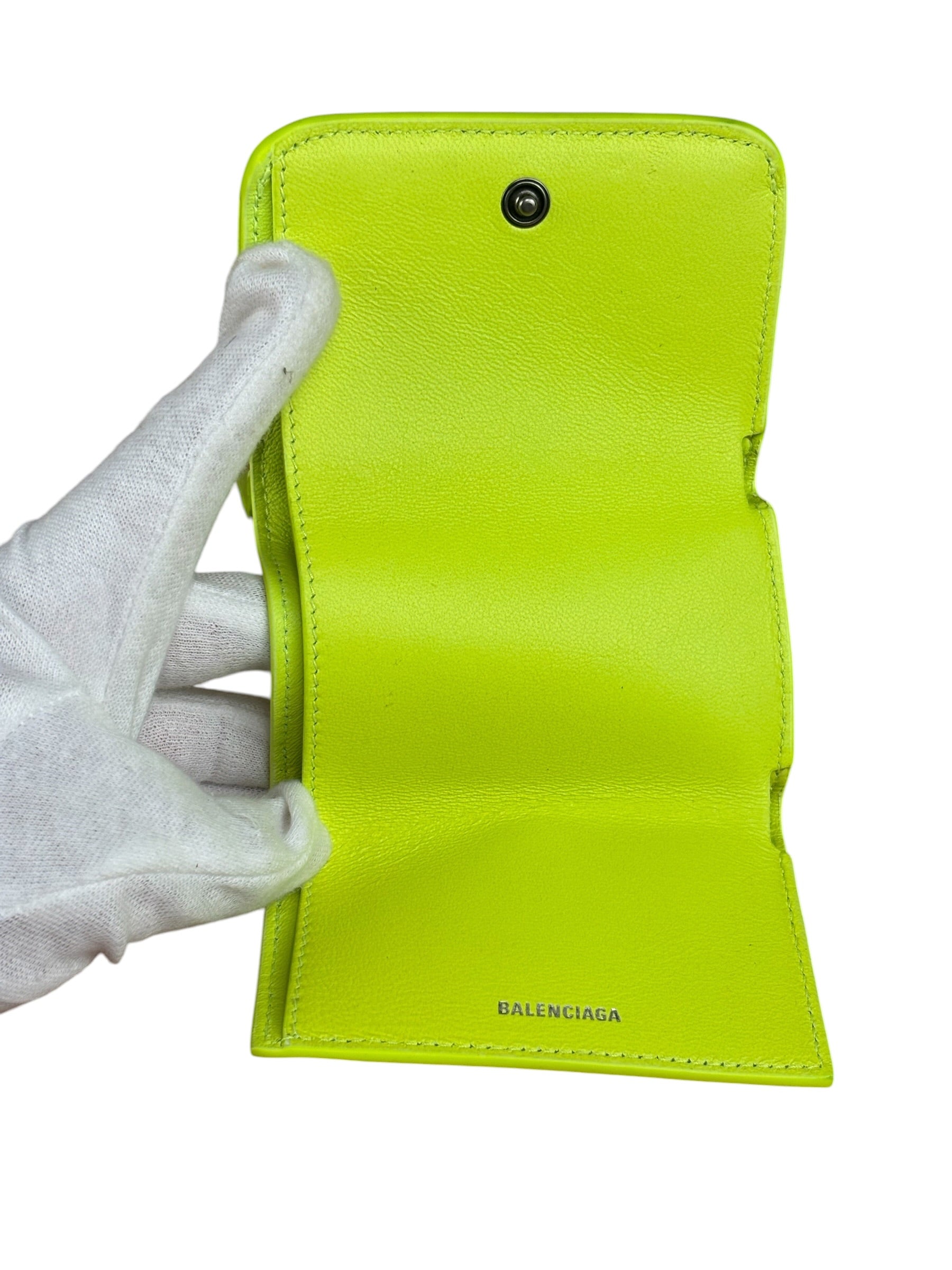 Balenciaga Fluo Neon Yellow Leather Cash Trifold Mini Wallet