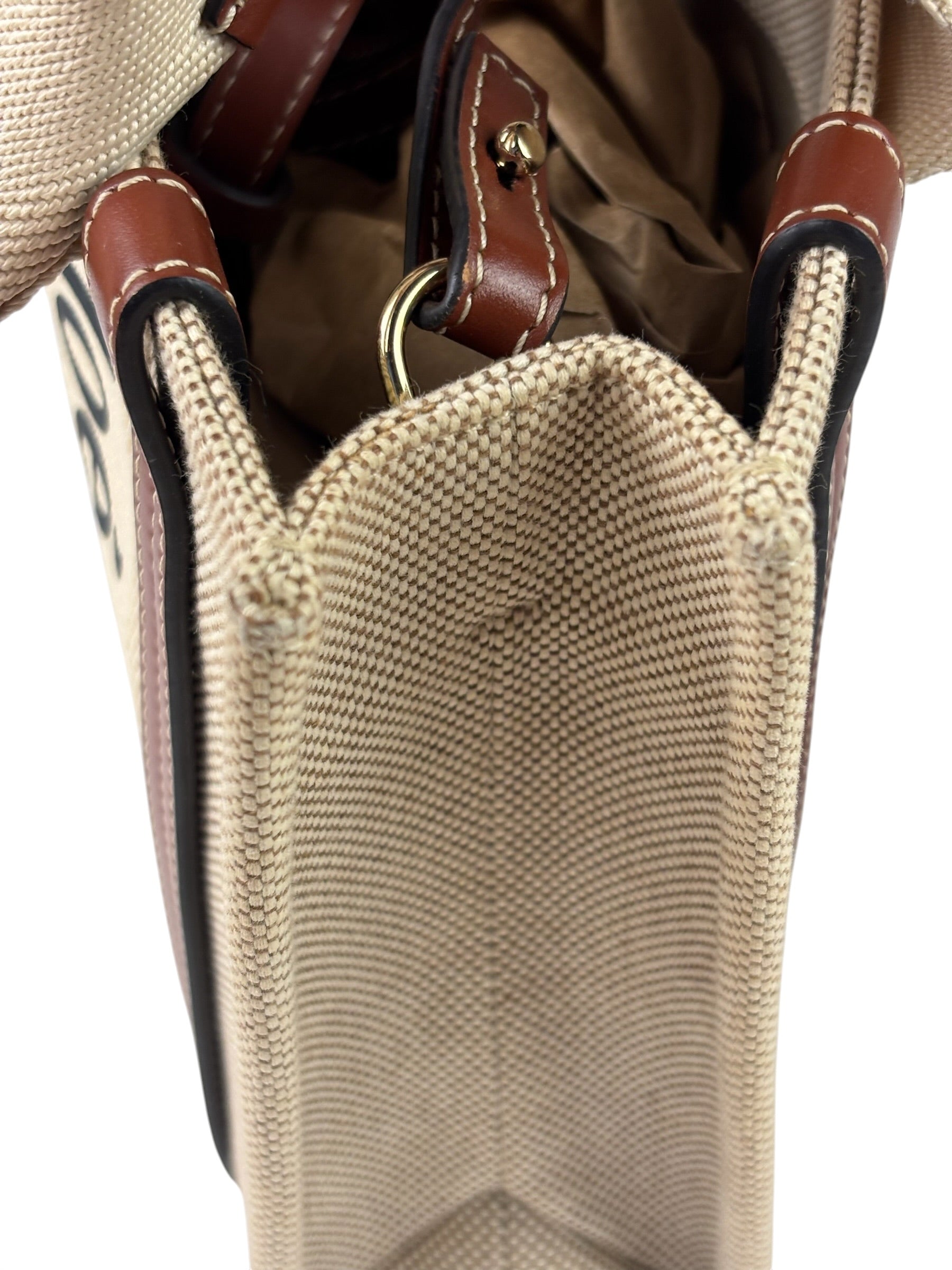 Chloe Beige/Brown Leather Trim Small Woody Two-Way Tote