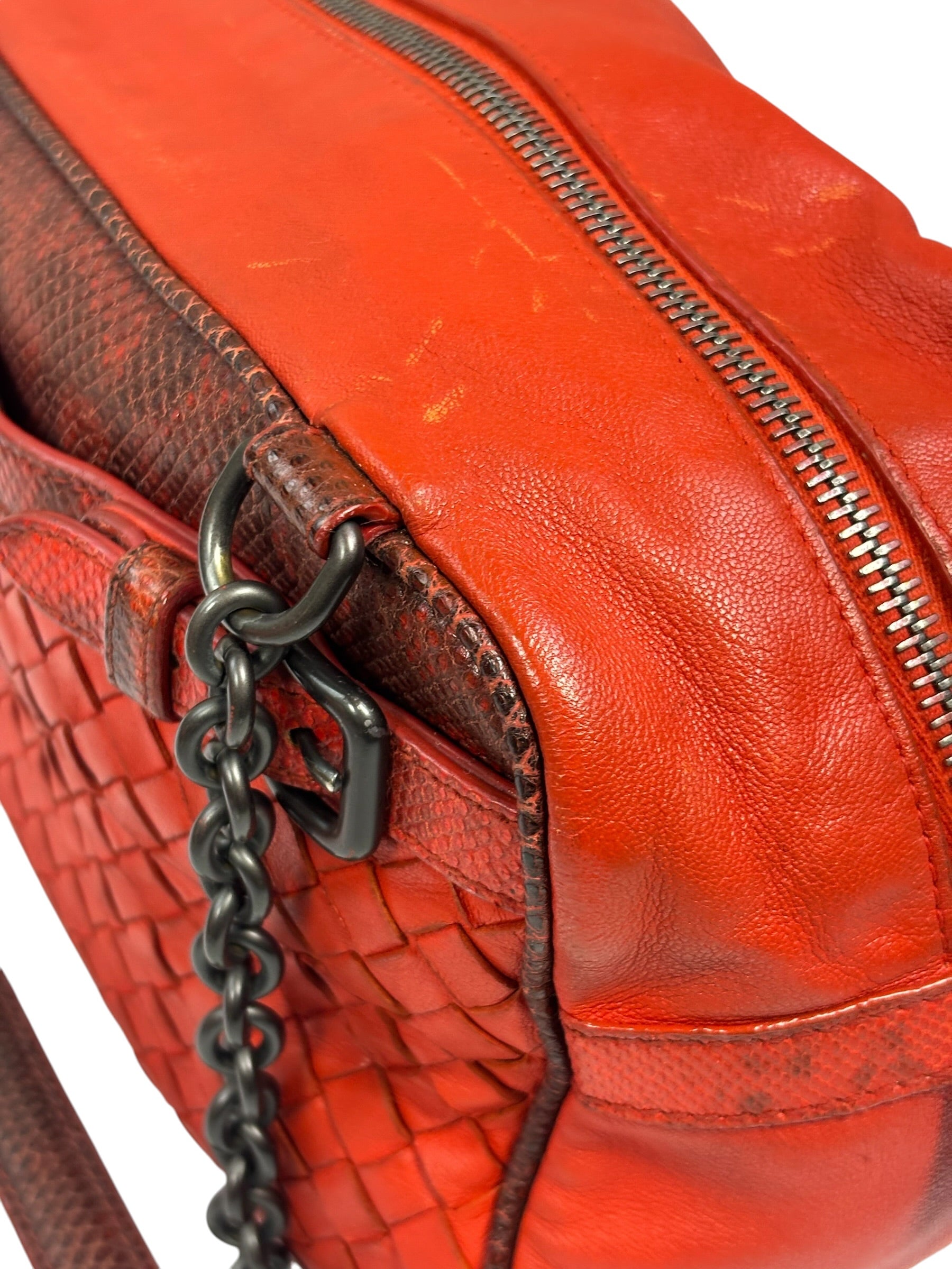 Bottega Veneta Red Lambskin/Lizard Intrecciato Shoulder Bag