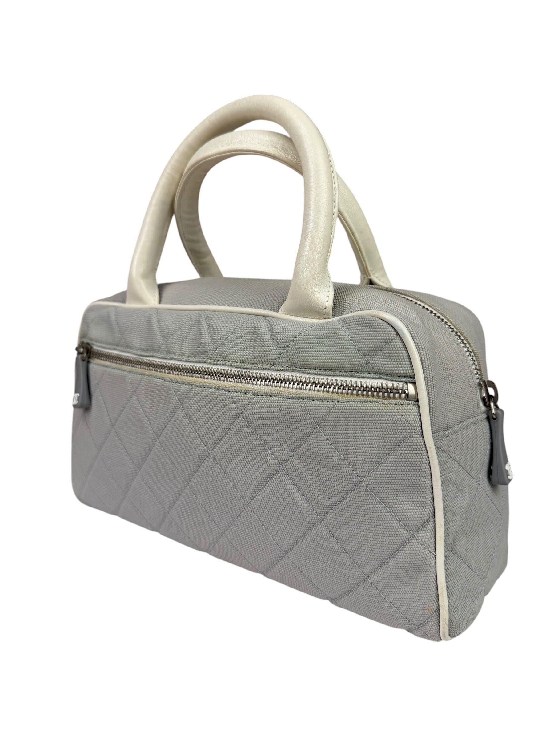 Chanel Grey Quilted Leather Trim Bowling Bag 2000