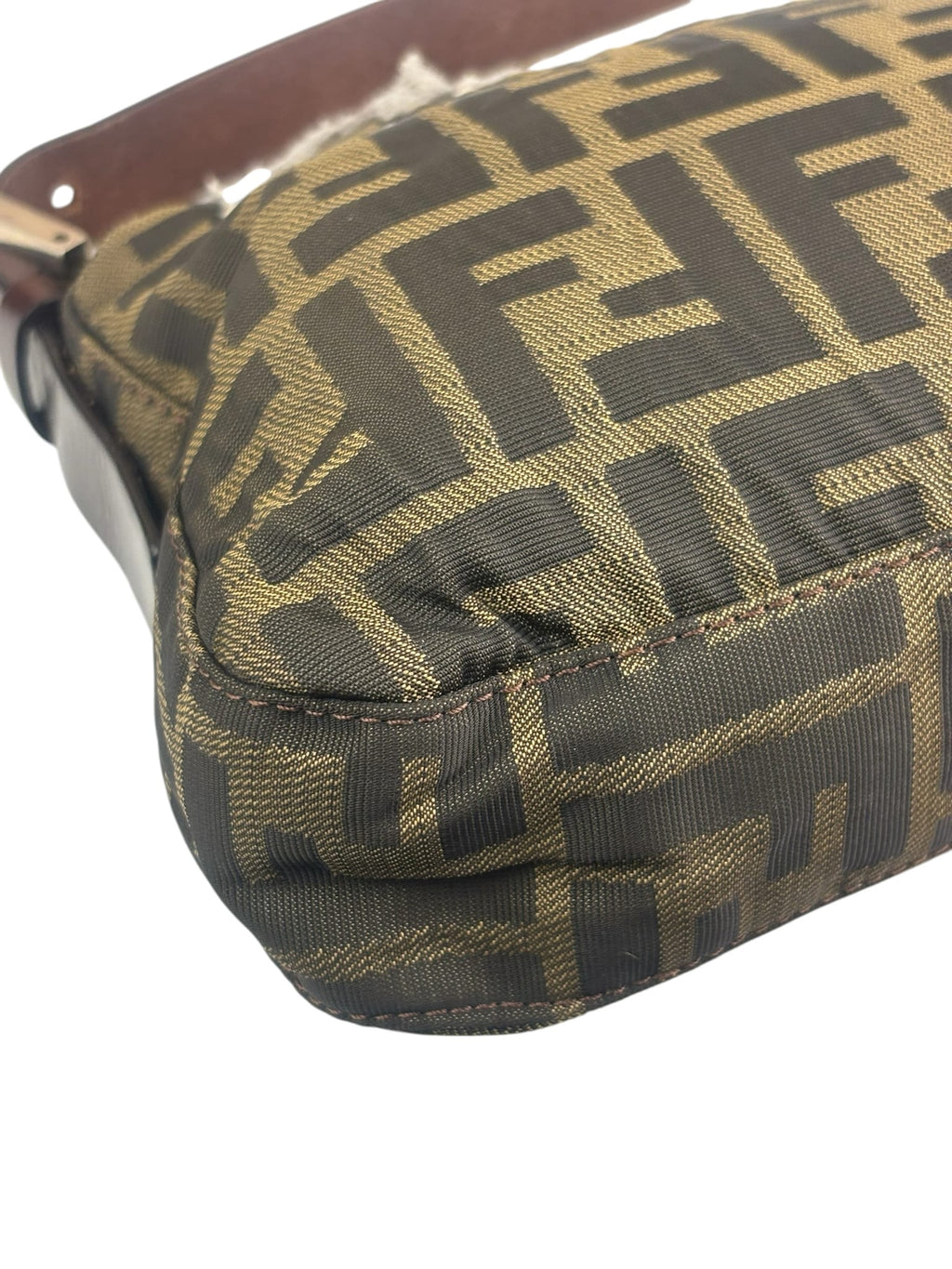 Fendi Brown Leather Trim Zucca Floral Embroidered Baguette
