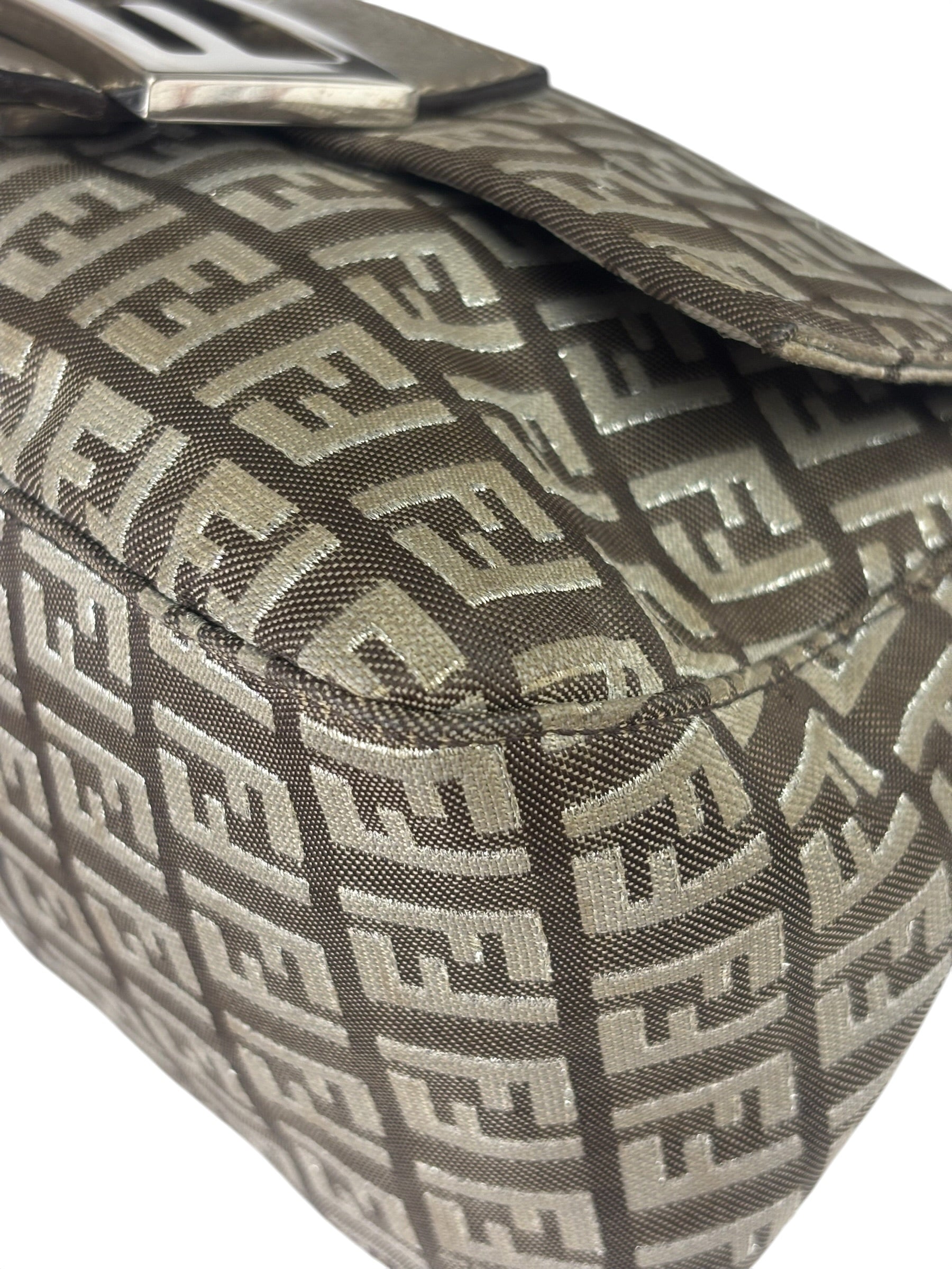 Fendi Brown/Metallic Gold Leather Trim Zucca Baguette