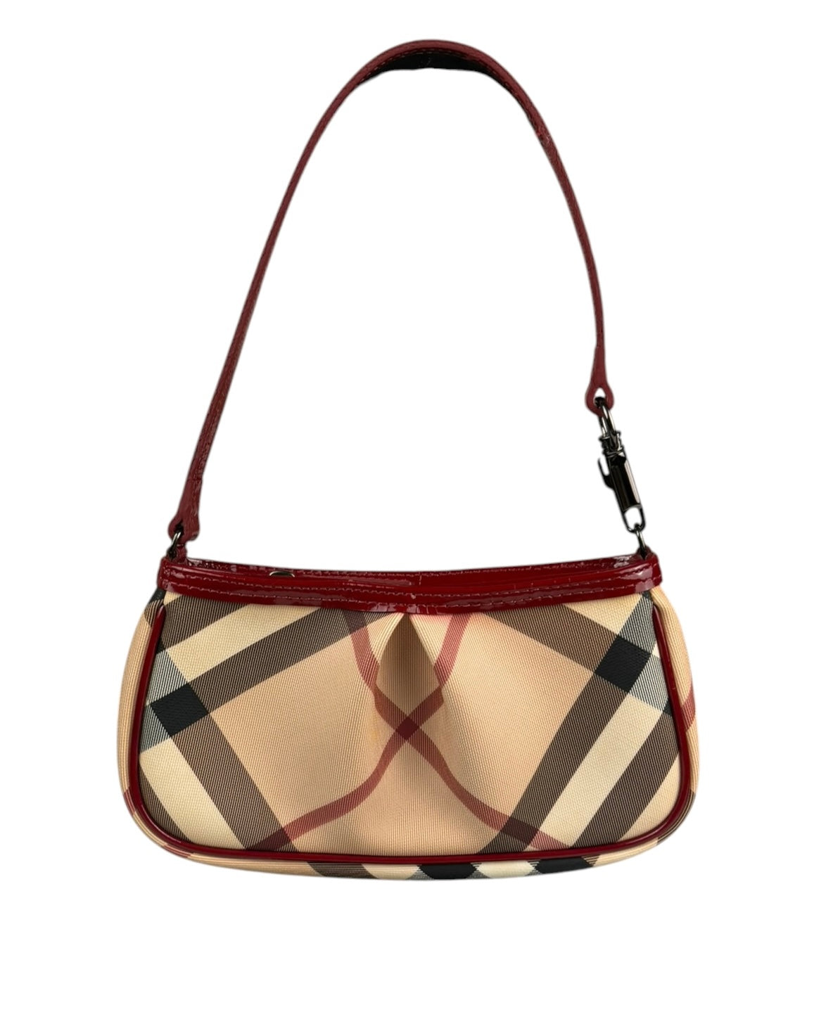 Burberry Red Patent Leather Trim Super Nova Check Pochette