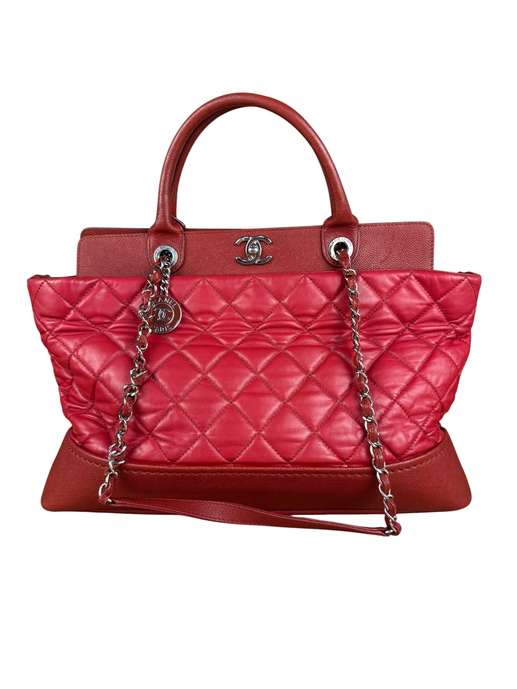 Chanel Red Quilted Caviar Be CC 2Way Tote Bag 2014