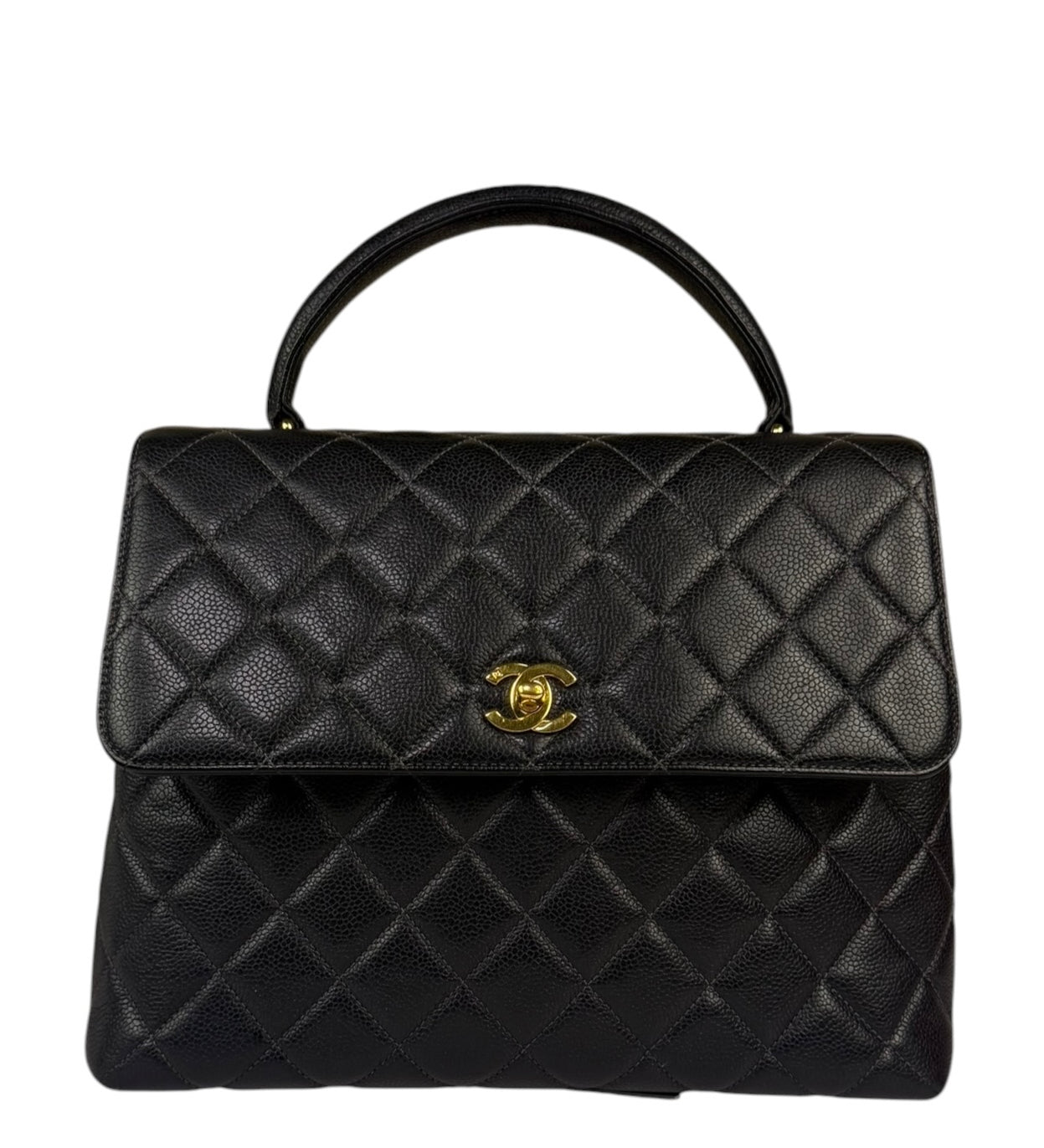 Chanel Vintage Black Caviar Quilted Leather Kelly Top Handle Bag 1996