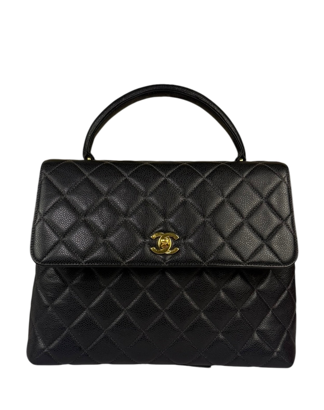Chanel Vintage Black Caviar Quilted Leather Kelly Top Handle Bag 1996