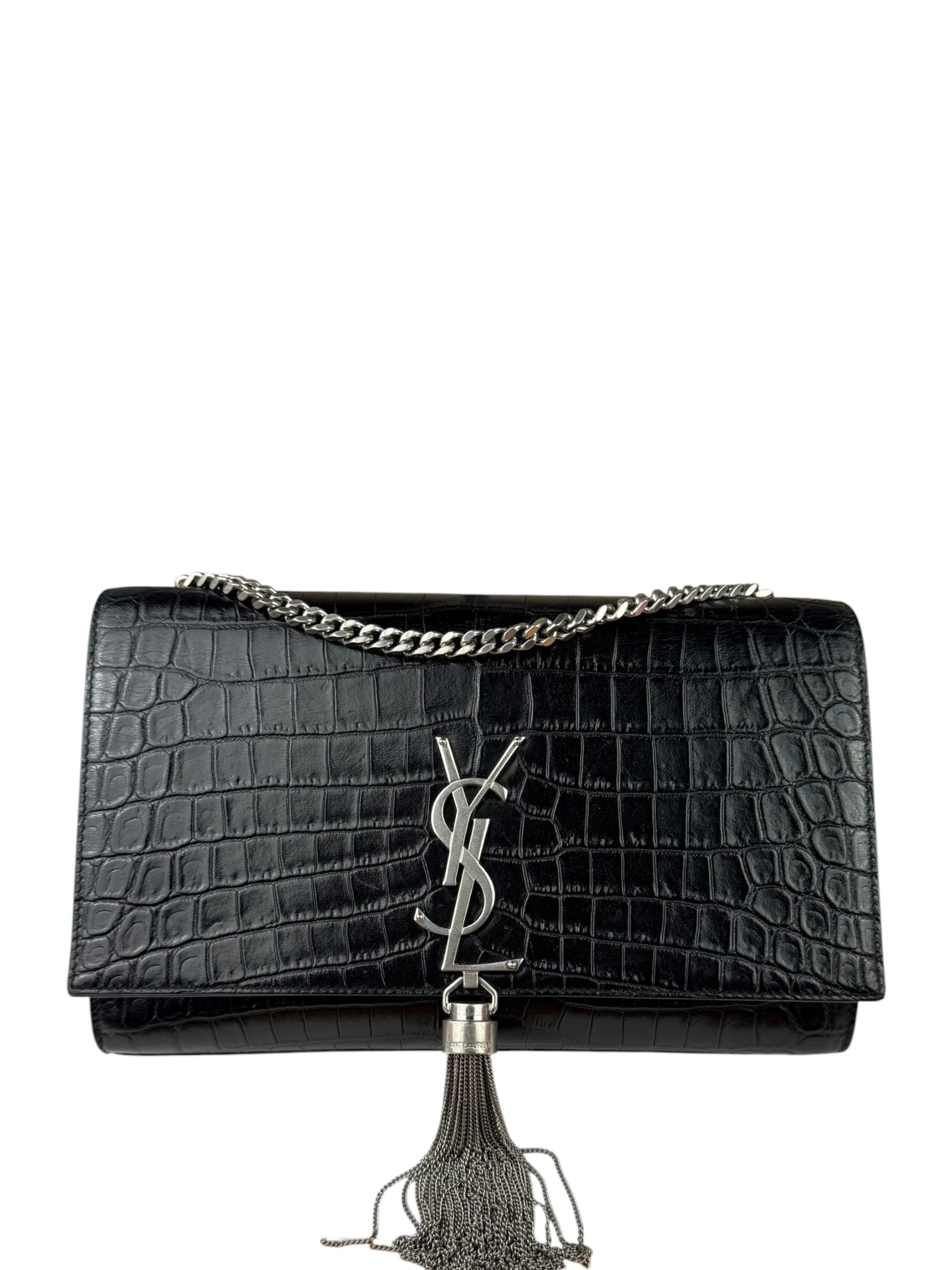 Yves Saint Laurent Black Croc-Embossed Calfskin Kate Tassel Shoulder Bag
