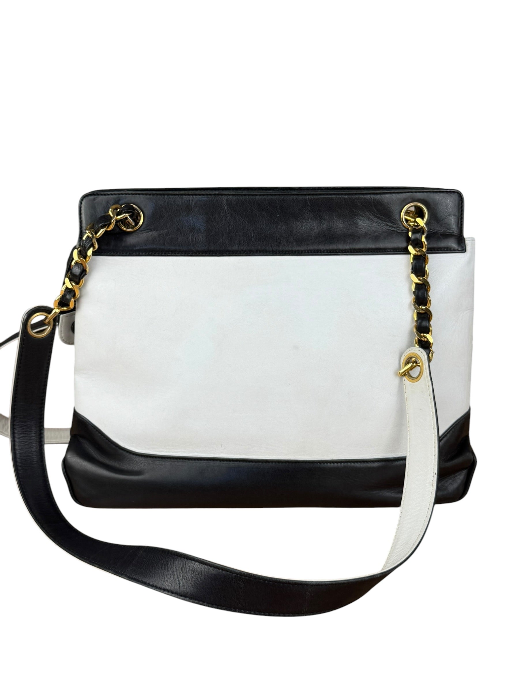 Chanel Vintage Black/White Leather CC Chain Tote '89-'91
