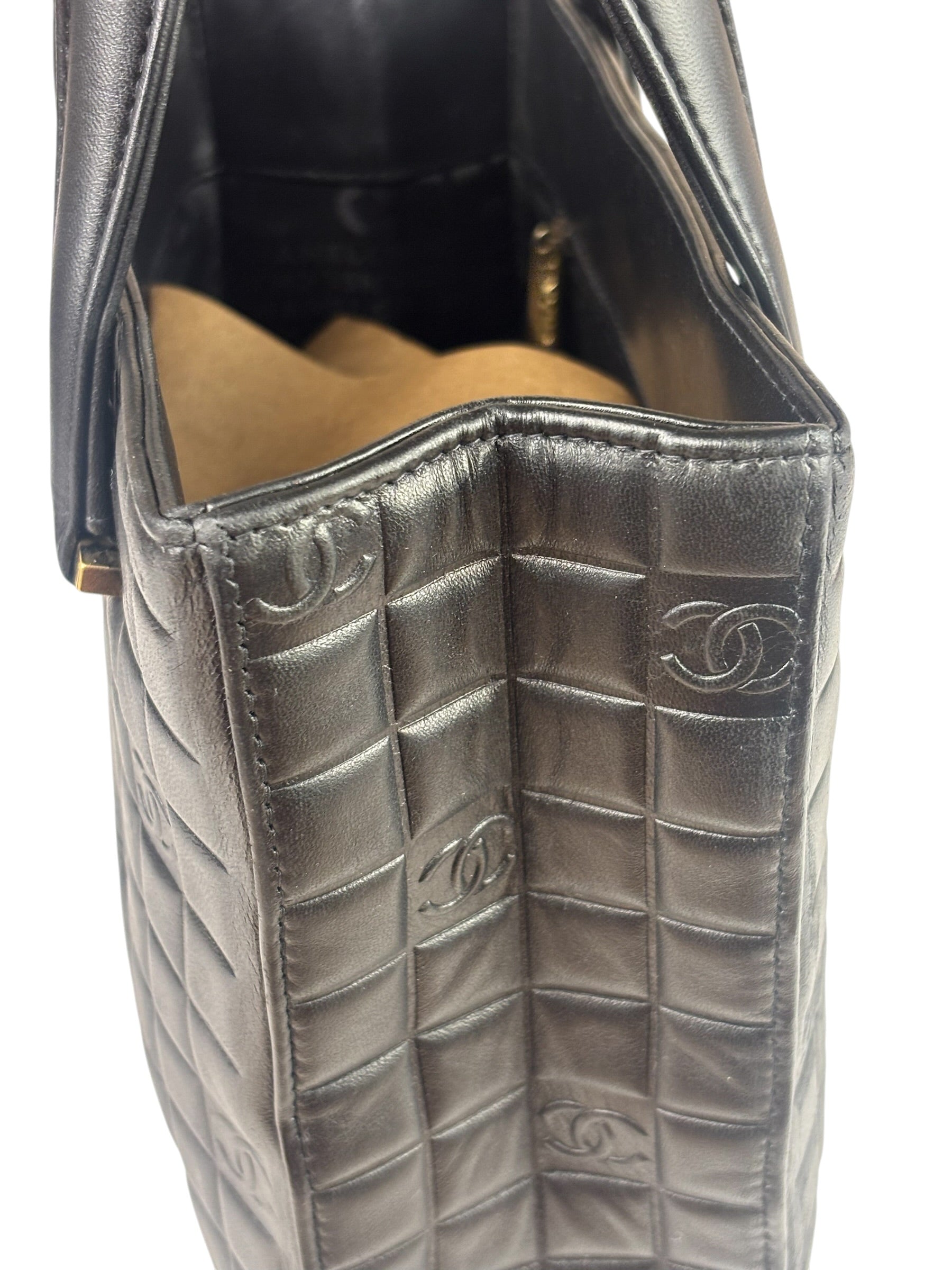 Chanel Vintage Black Leather Chocolate Bar Tote Bag 1992