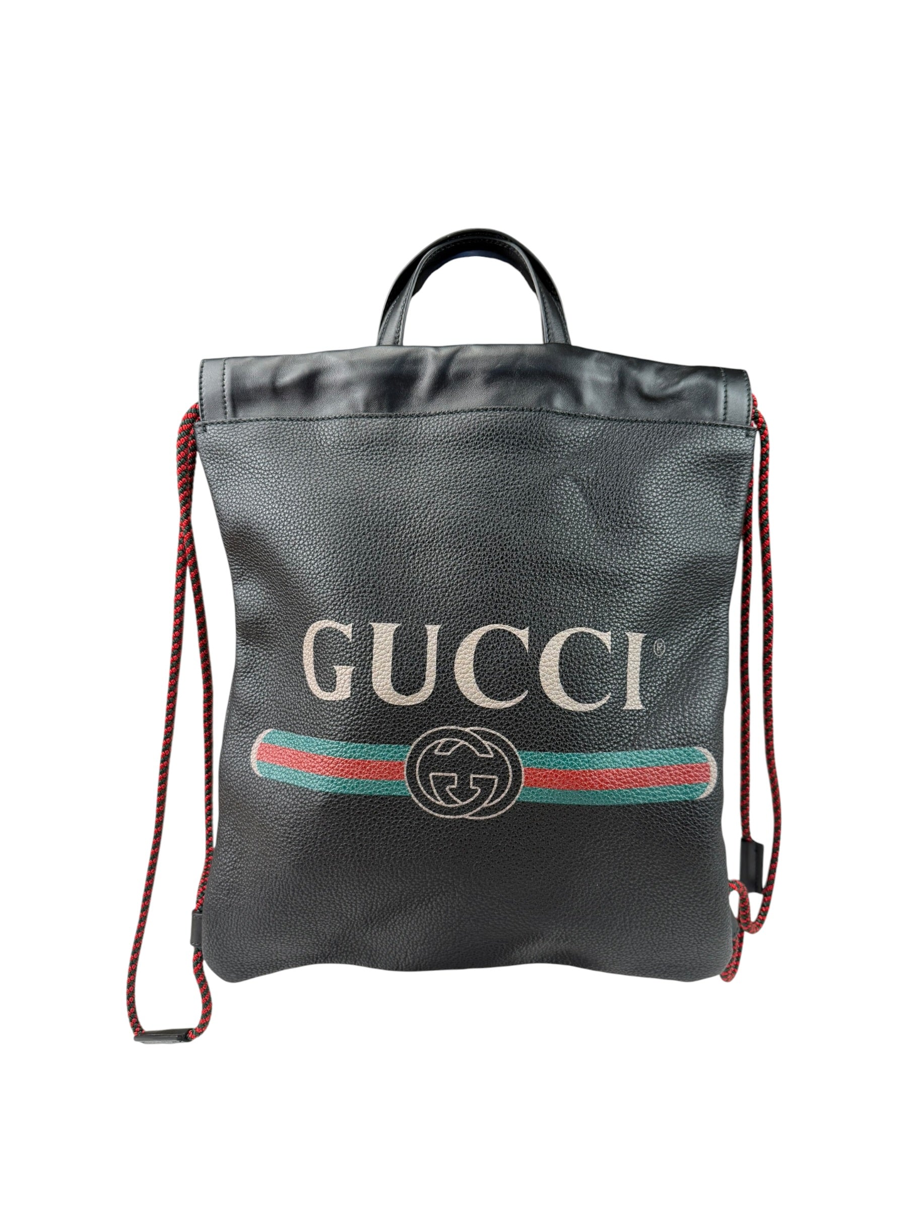 Gucci Black Leather Drawstring Backpack