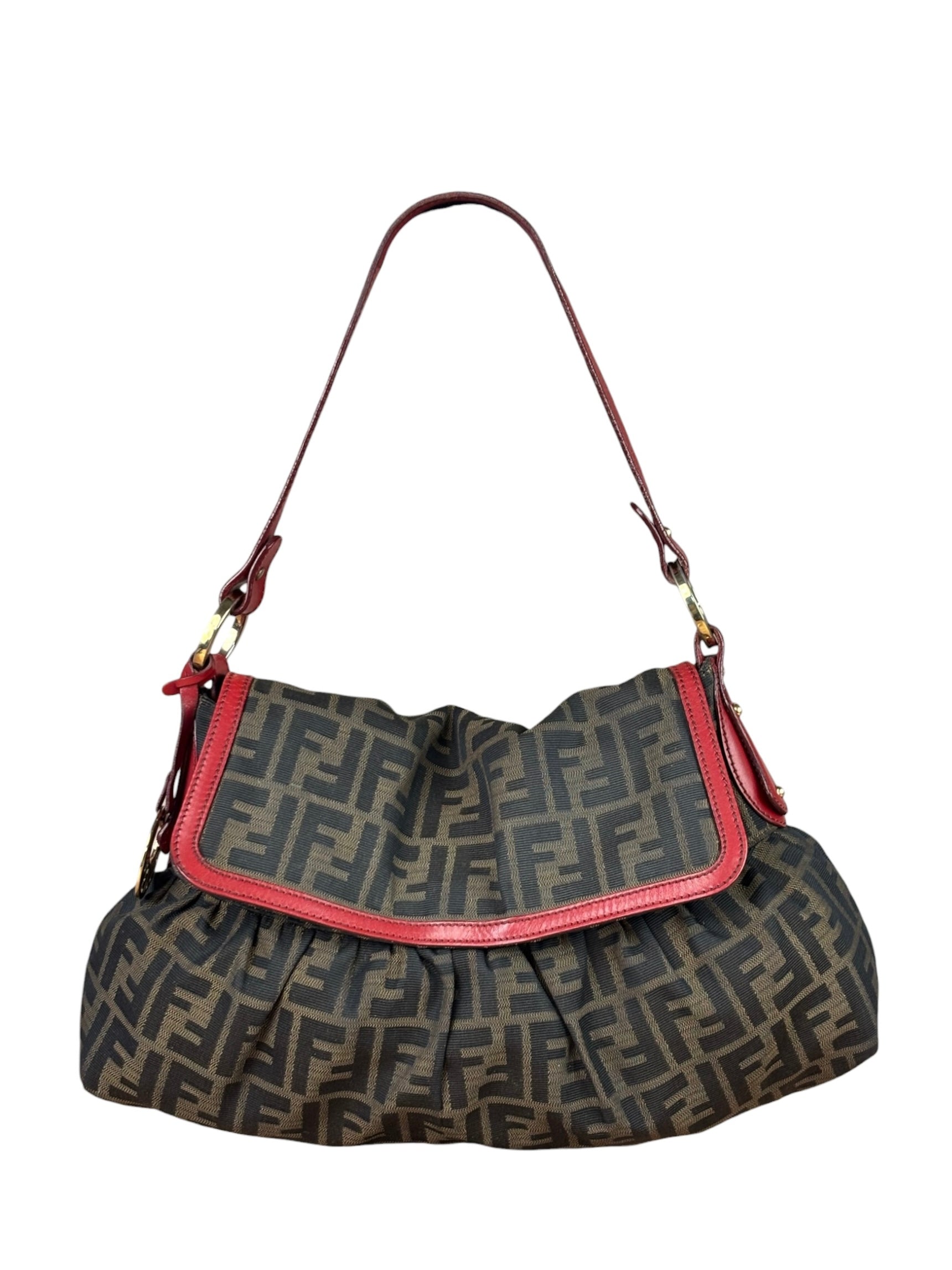 Fendi Beige/Red Leather Trim Zucca Chef Flap Bag