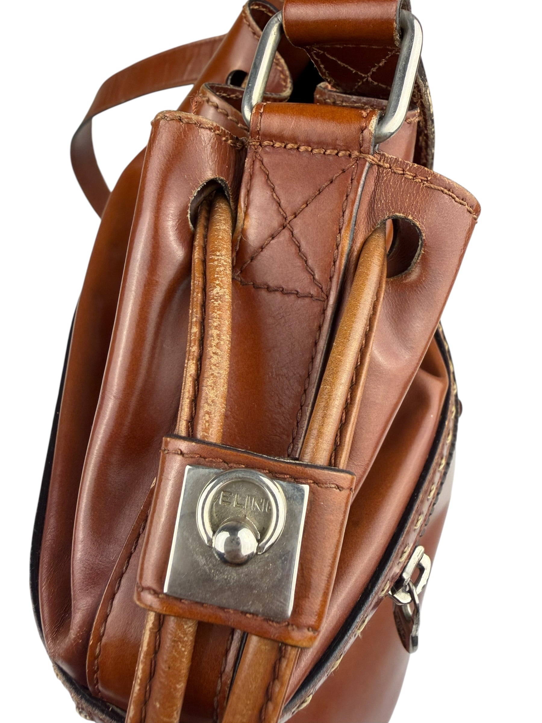 Celine Vintage Brown Leather Cinch Bucket Crossbody Bag