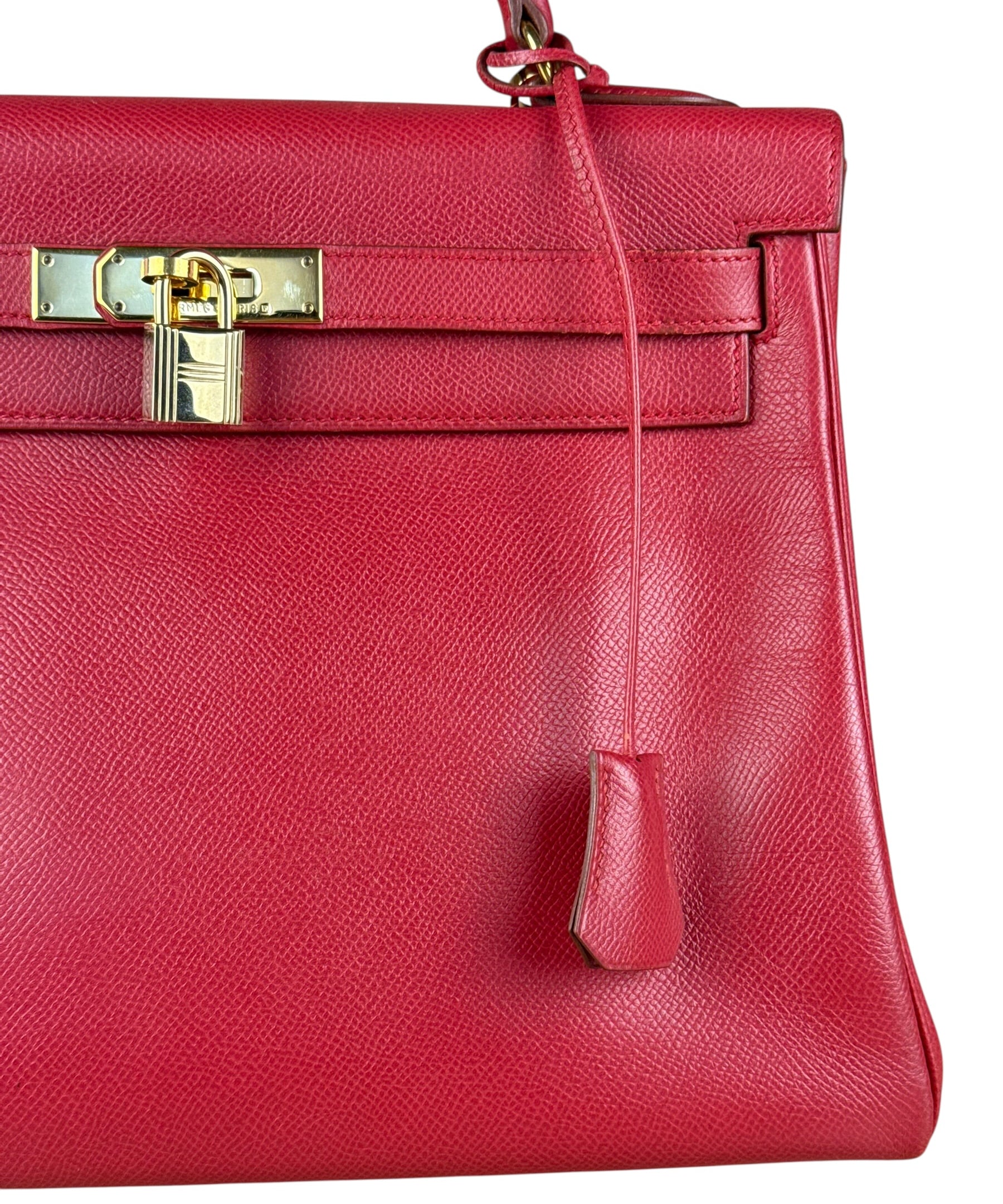 Hermes Kelly 32 Courchevel Rouge Vif Gold Handbag 1997