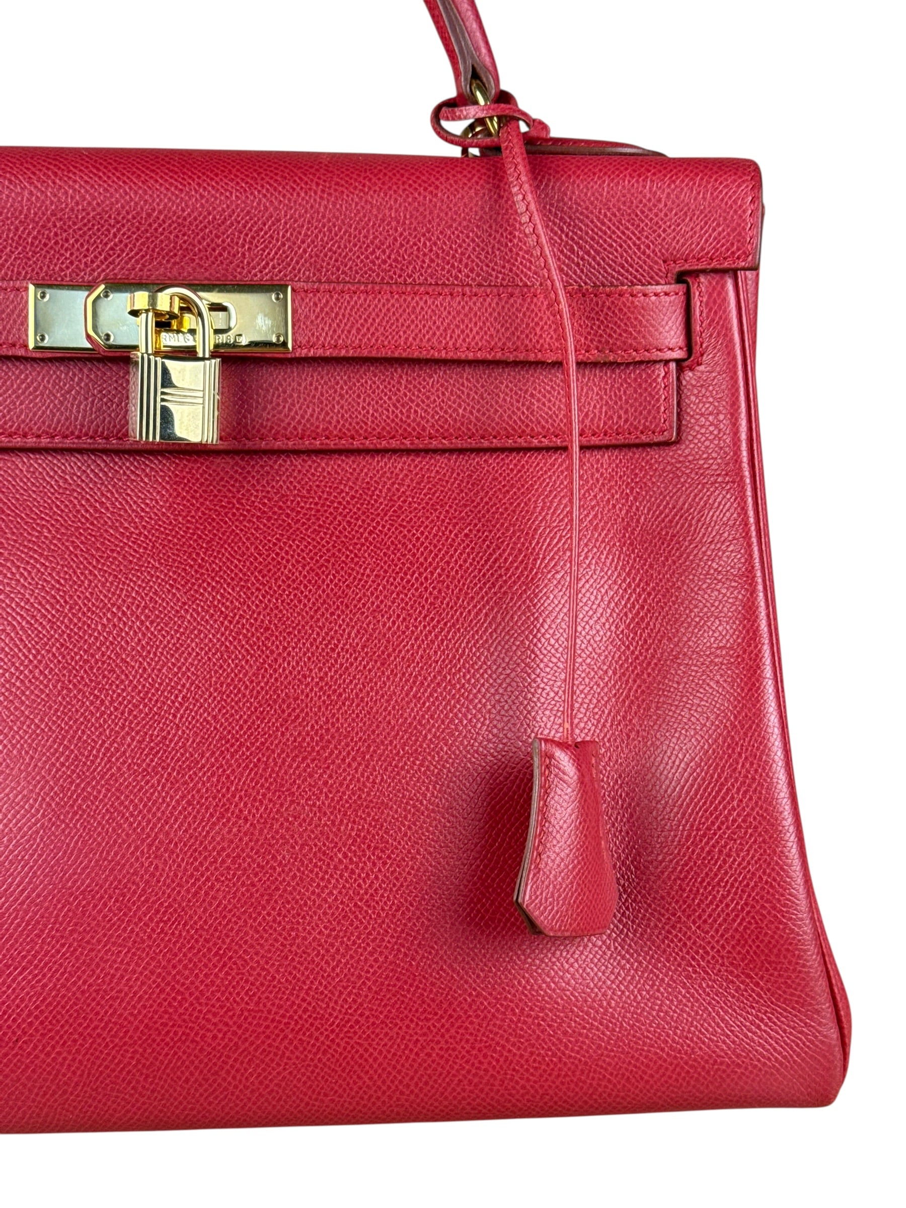 Hermes Kelly 32 Courchevel Rouge Vif Gold Handbag 1997