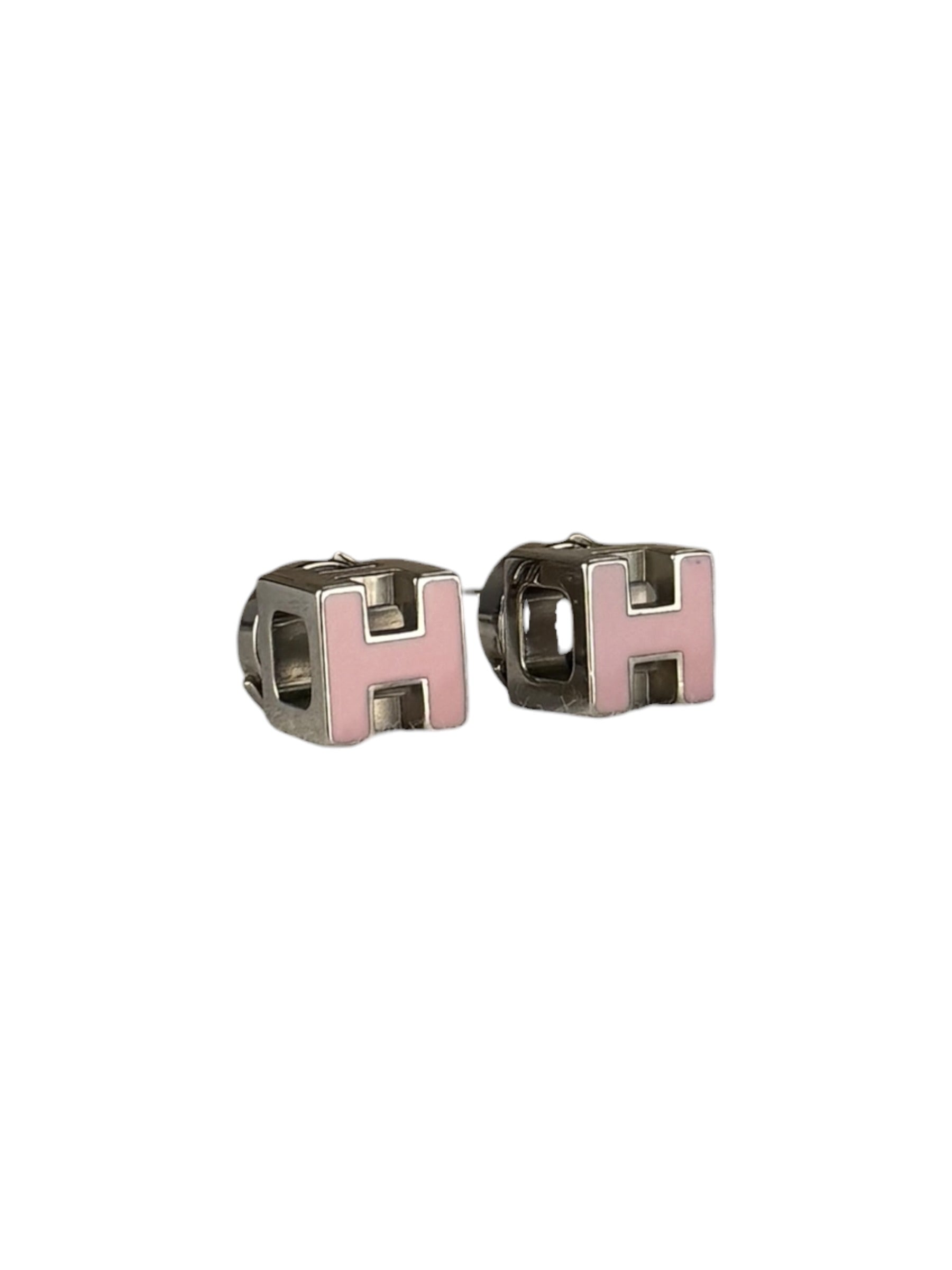 Hermes Silver Pink H Studded Earrings