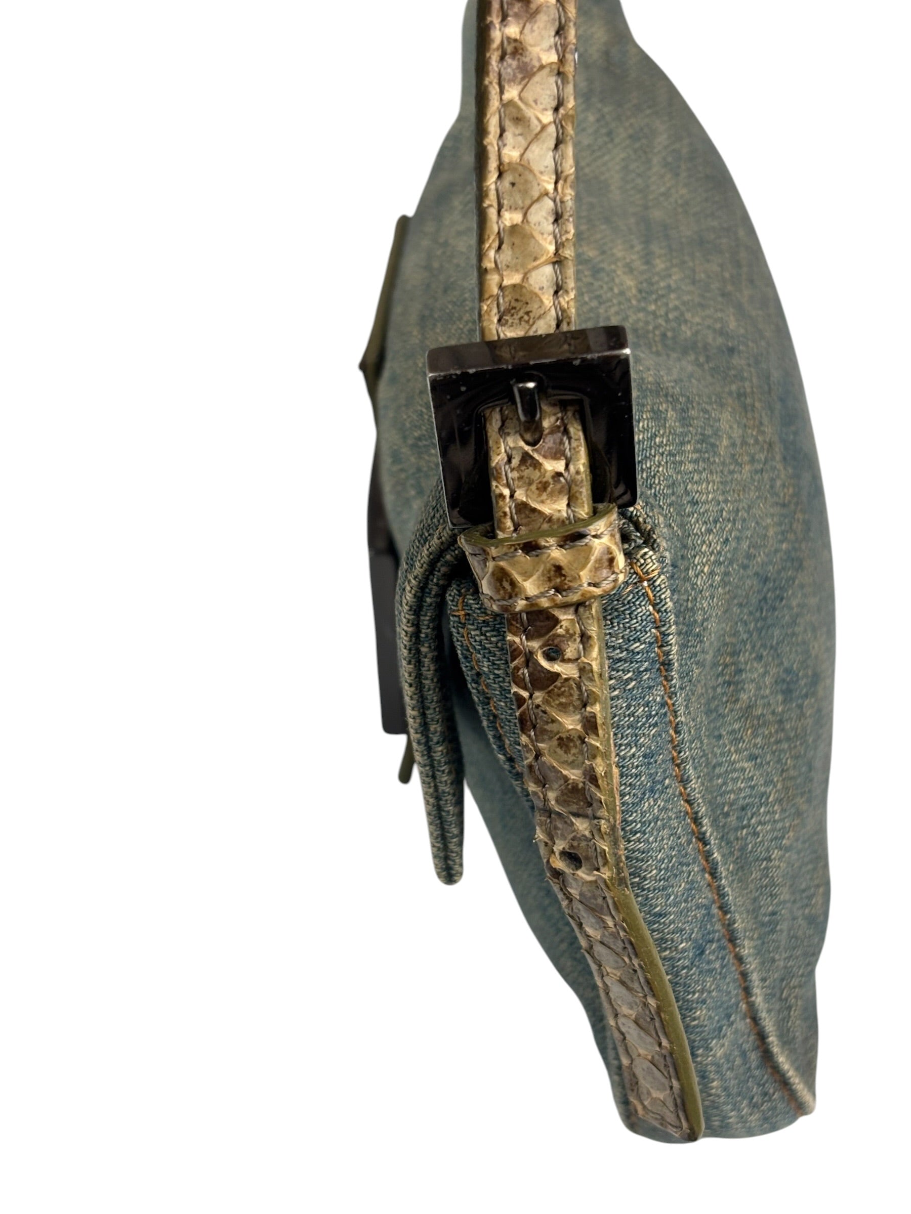 Fendi Denim/Snakeskin Trim Mini Baguette