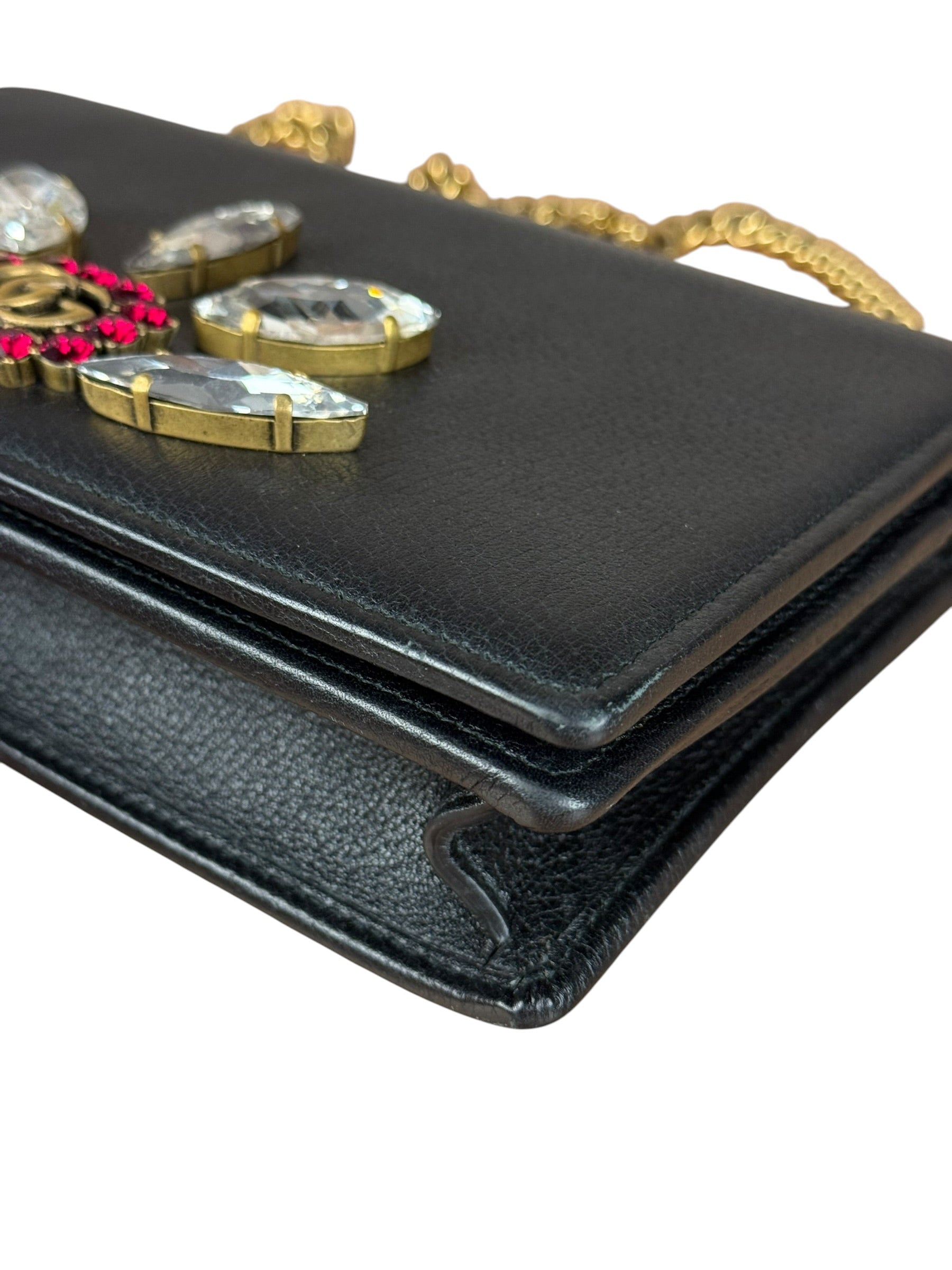Gucci GG Crystal Embellished Black Leather Wallet on Chain Bag